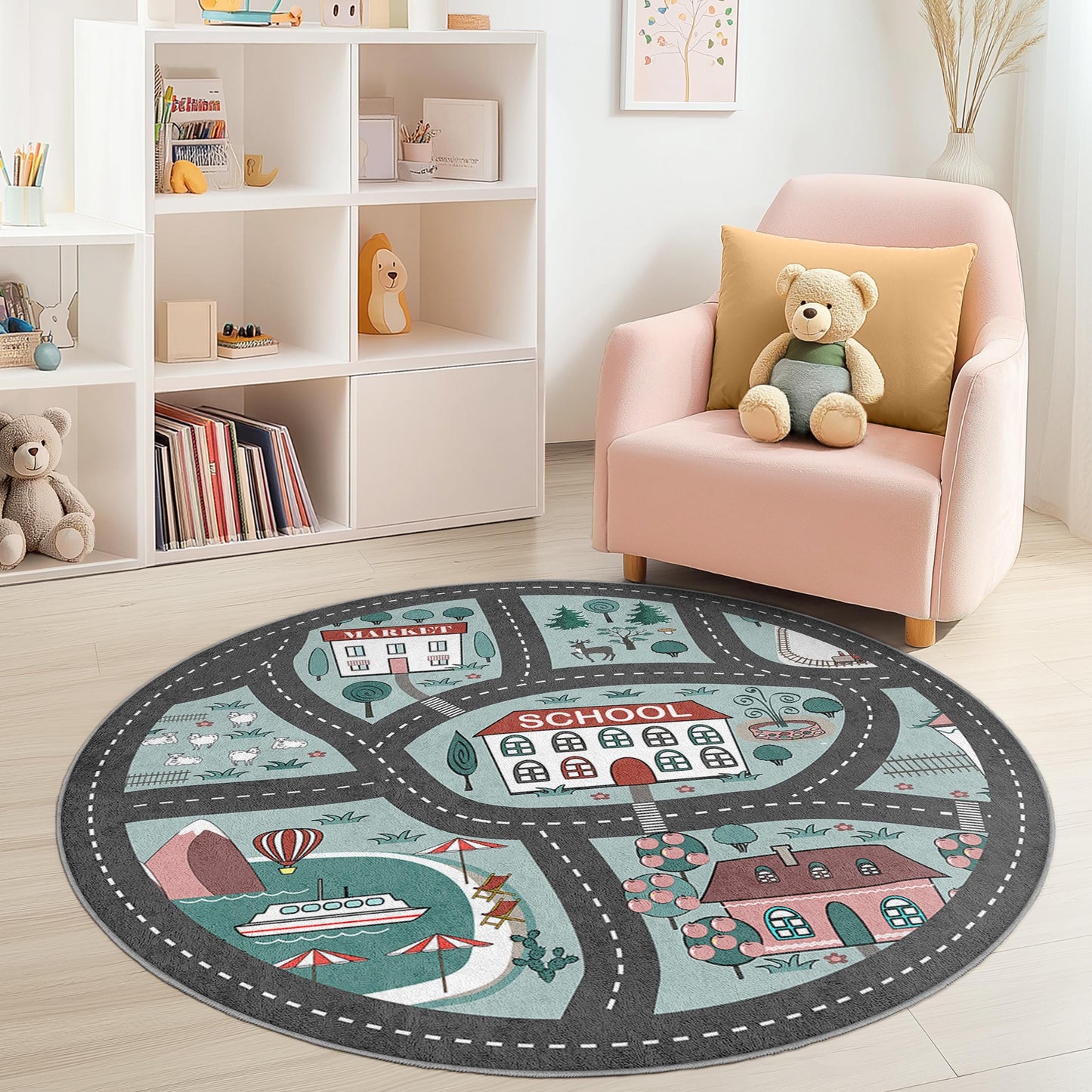 Verspielter runder Kinderteppich mit Straßen und Sehenswürdigkeiten, interaktive Spielmatte fürs Kinderzimmer, weiche Kinderzimmerdekoration, lustiger Spielzimmerteppich