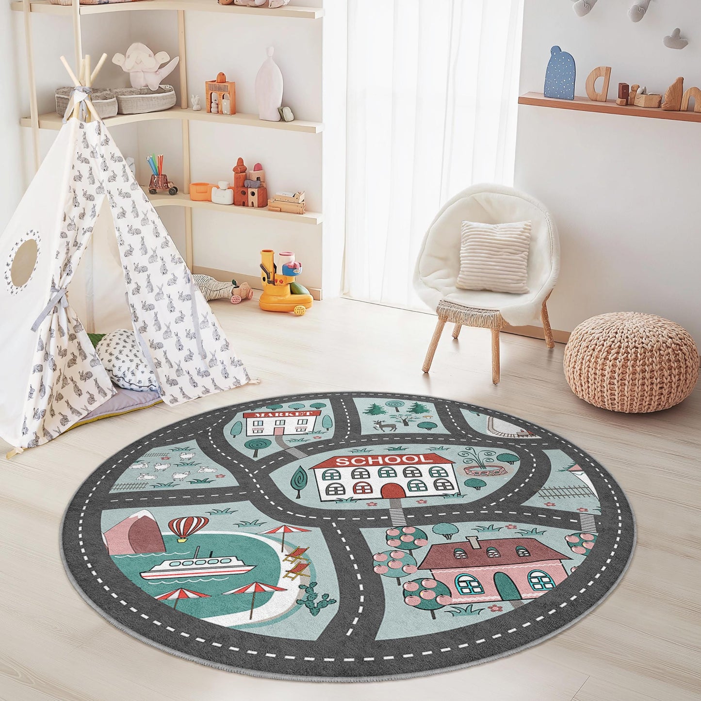 Verspielter runder Kinderteppich mit Straßen und Sehenswürdigkeiten, interaktive Spielmatte fürs Kinderzimmer, weiche Kinderzimmerdekoration, lustiger Spielzimmerteppich