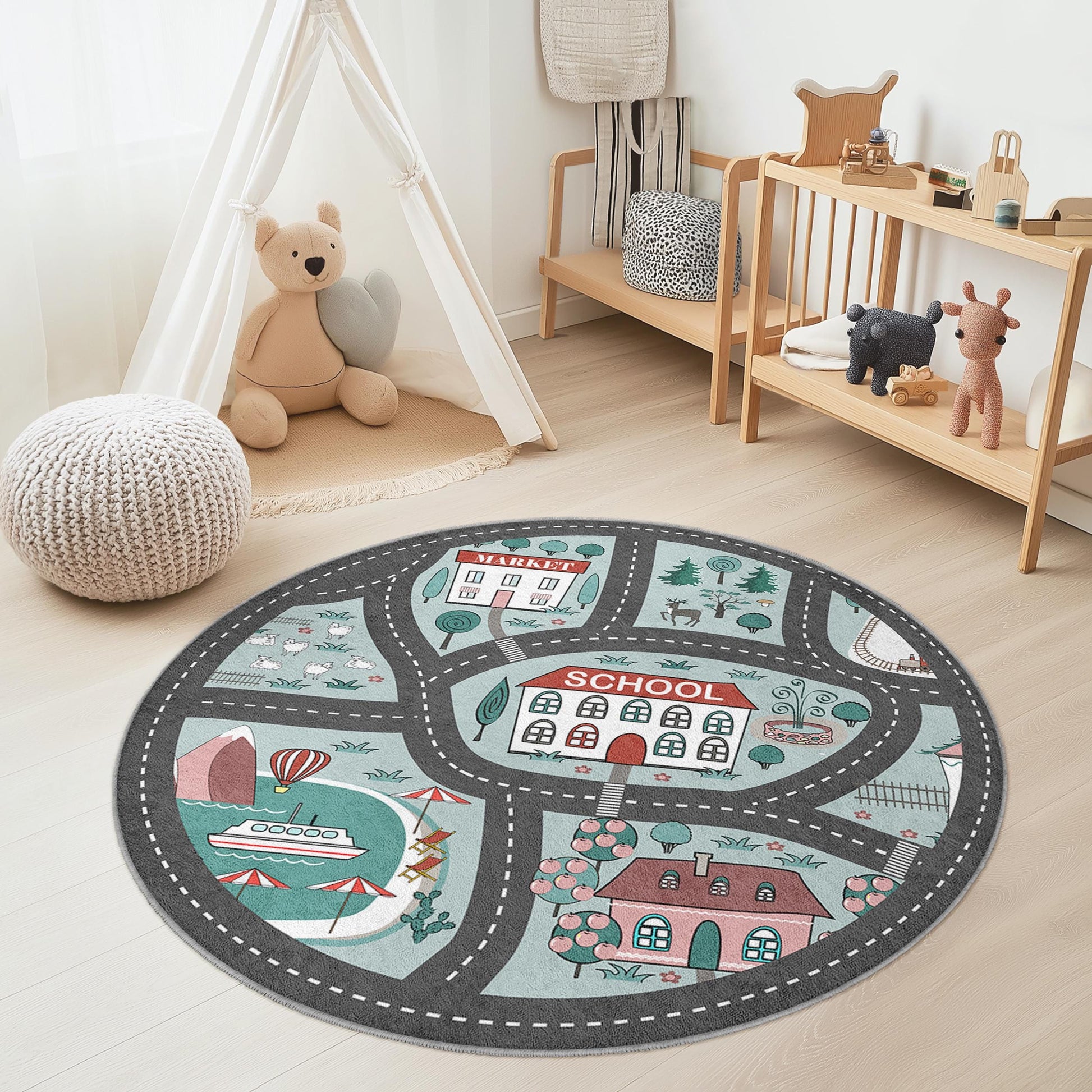 Playful Round Kids Rug with Roads and Landmarks, Interactive Play Mat for Children's Room, Soft Nursery Decor, Fun Playroom Carpet