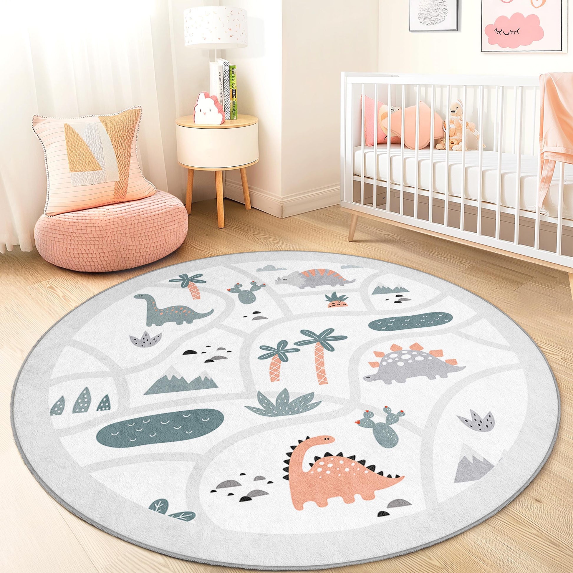 Dinosaur Themed Round Kids Rug, Playful Dinosaur Kids Carpet, Soft Round Area Rug for Children's Room, Playroom Decor