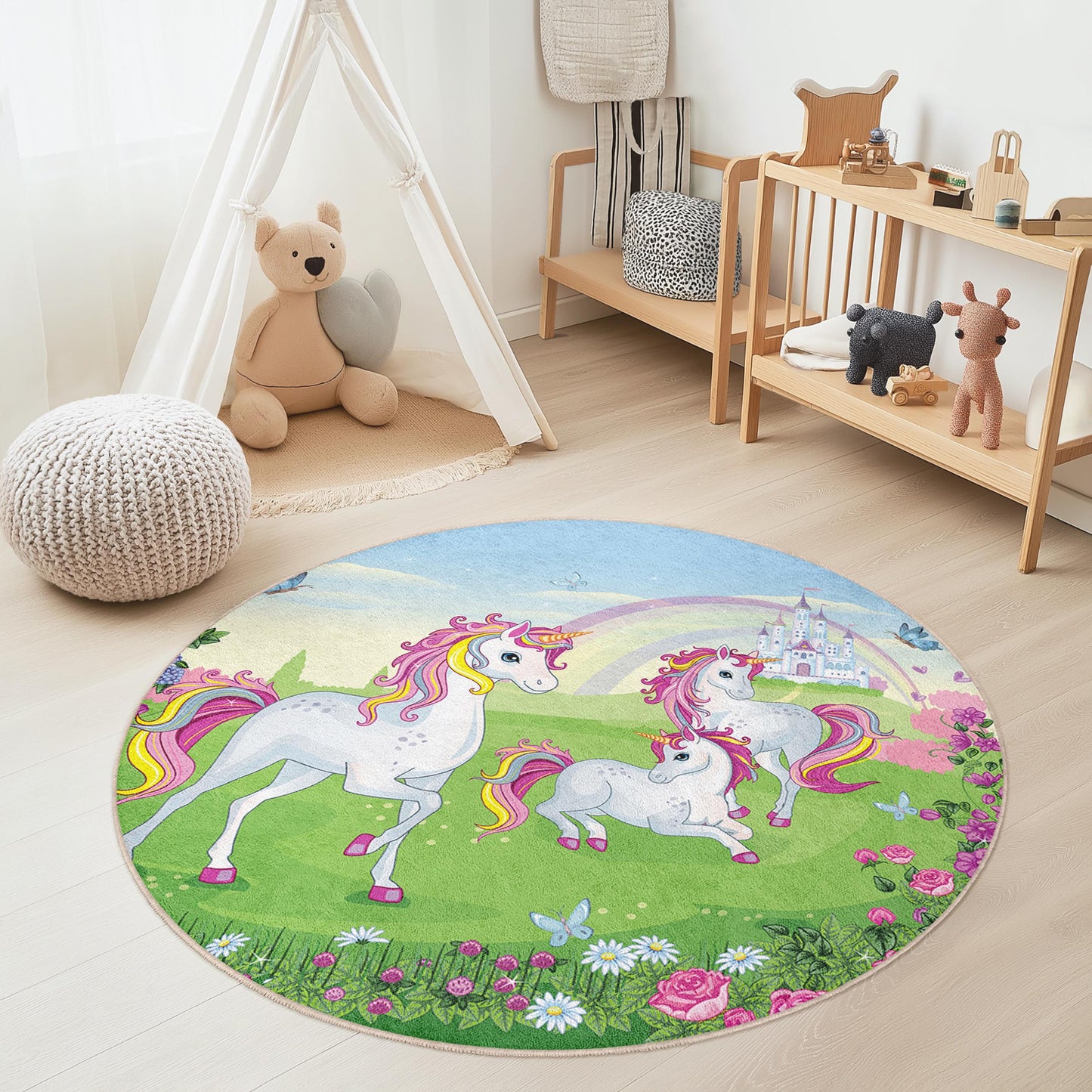 Runder Spielteppich mit magischem Einhornmotiv für Kinder, Fantasie-Einhorn-Teppich, Spielzimmerdeko, Mädchenzimmerteppich, Kinderzimmerteppich mit Einhornmotiv