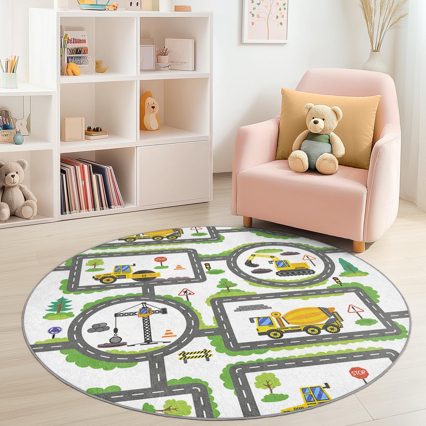Runder Spielteppich „Baustelle“, Spielmatte mit LKW-Motiven, interaktiver Straßenkarten-Teppich für Spielzimmer und Kinderzimmer