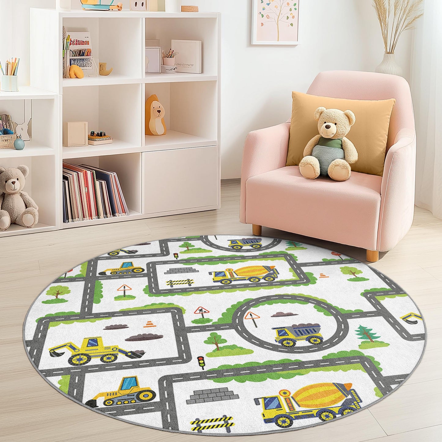 Runder Spielteppich „Baustelle“, LKW- und Straßenkarten-Teppich, Spielzimmerdekoration, Kinderzimmerteppich, weiche Spielmatte für Kinder