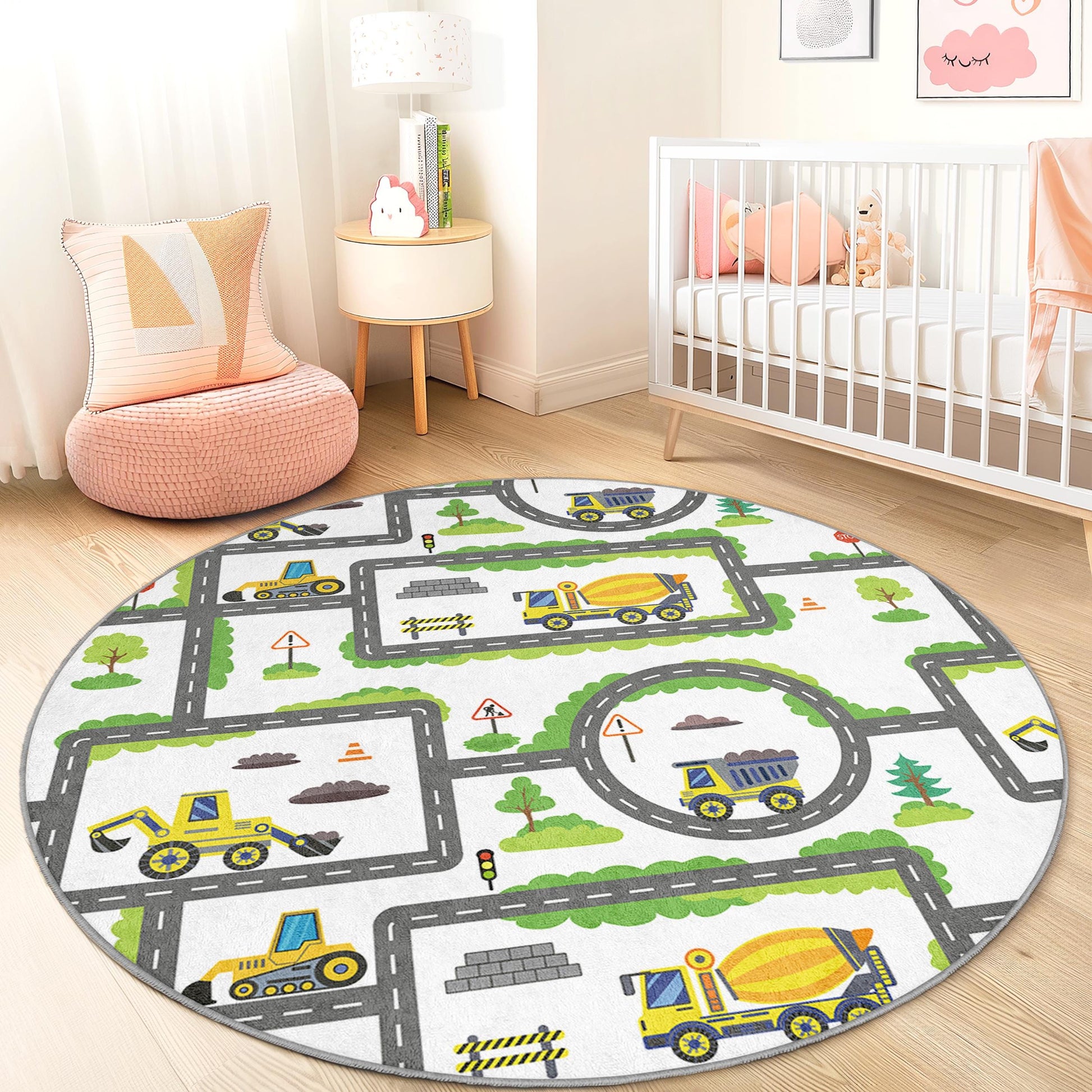 Construction Zone Round Kids Play Rug, Truck and Road Map Rug, Playroom Decor, Nursery Carpet, Soft Play Mat for Children