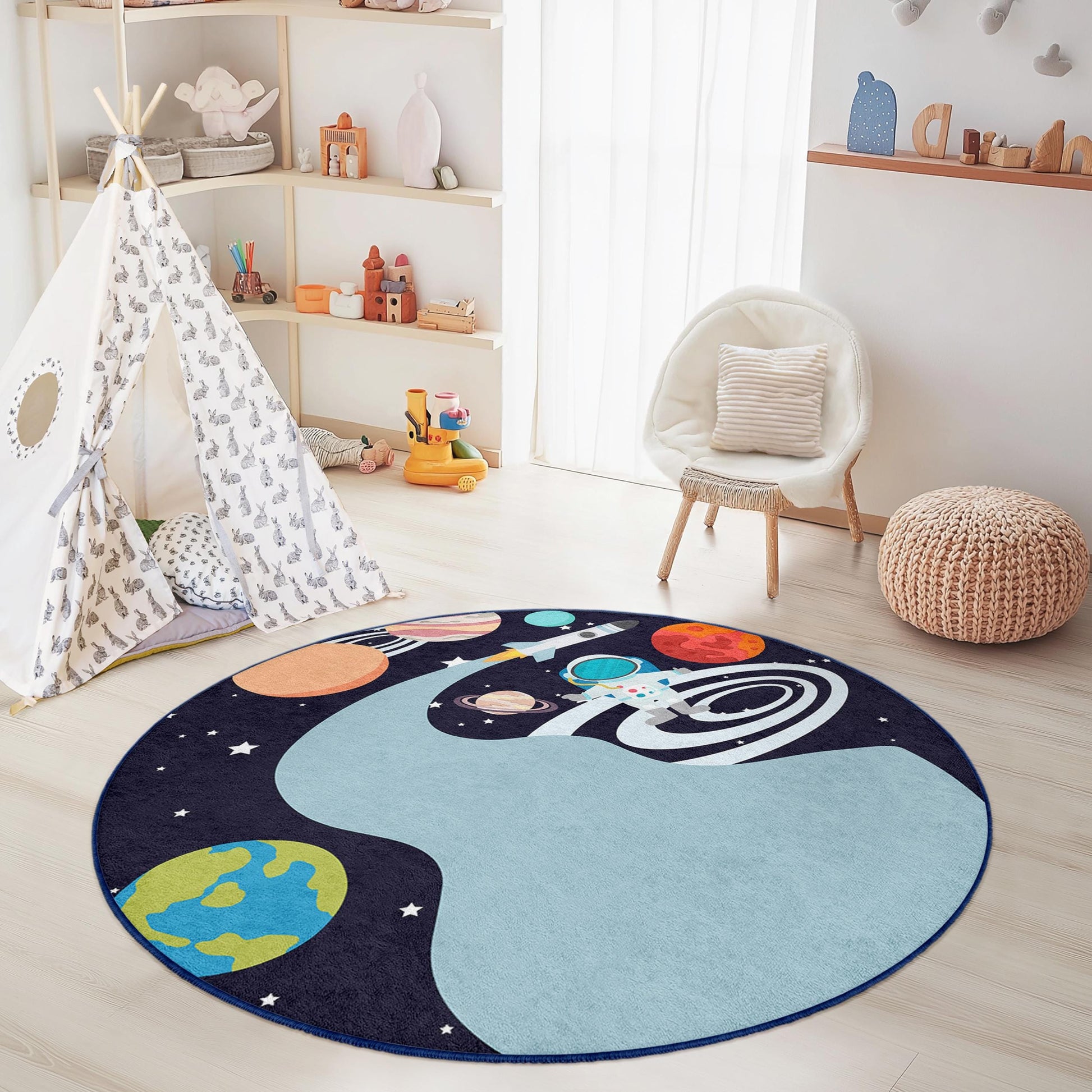 Cosmic Adventure Kids Round Rug, Space Theme Play Mat, Astronaut Rug for Kids Room, Galaxy Decor, Playroom Carpet
