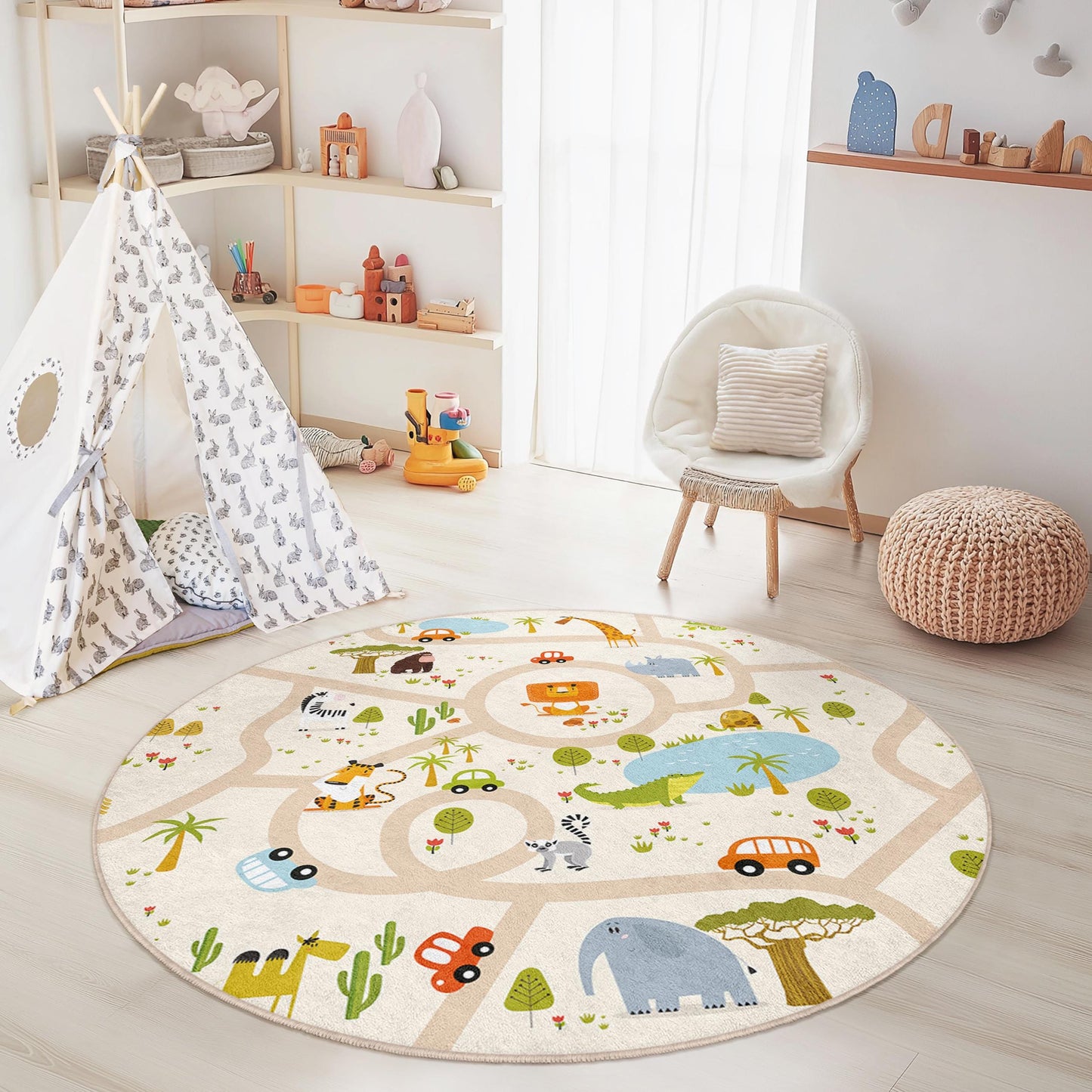 Runder Kinderteppich mit Tiermotiven, verspielter Dschungelkarten-Teppich, weicher Kinderzimmerteppich, niedliche Kinderzimmerdekoration, interaktive Spielmatte