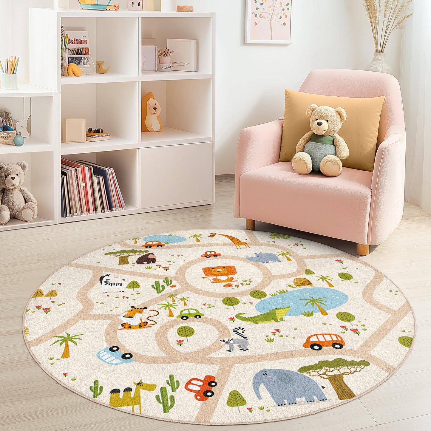 Runder Kinderteppich mit Tiermotiven, verspielter Dschungelkarten-Teppich, weicher Kinderzimmerteppich, niedliche Kinderzimmerdekoration, interaktive Spielmatte