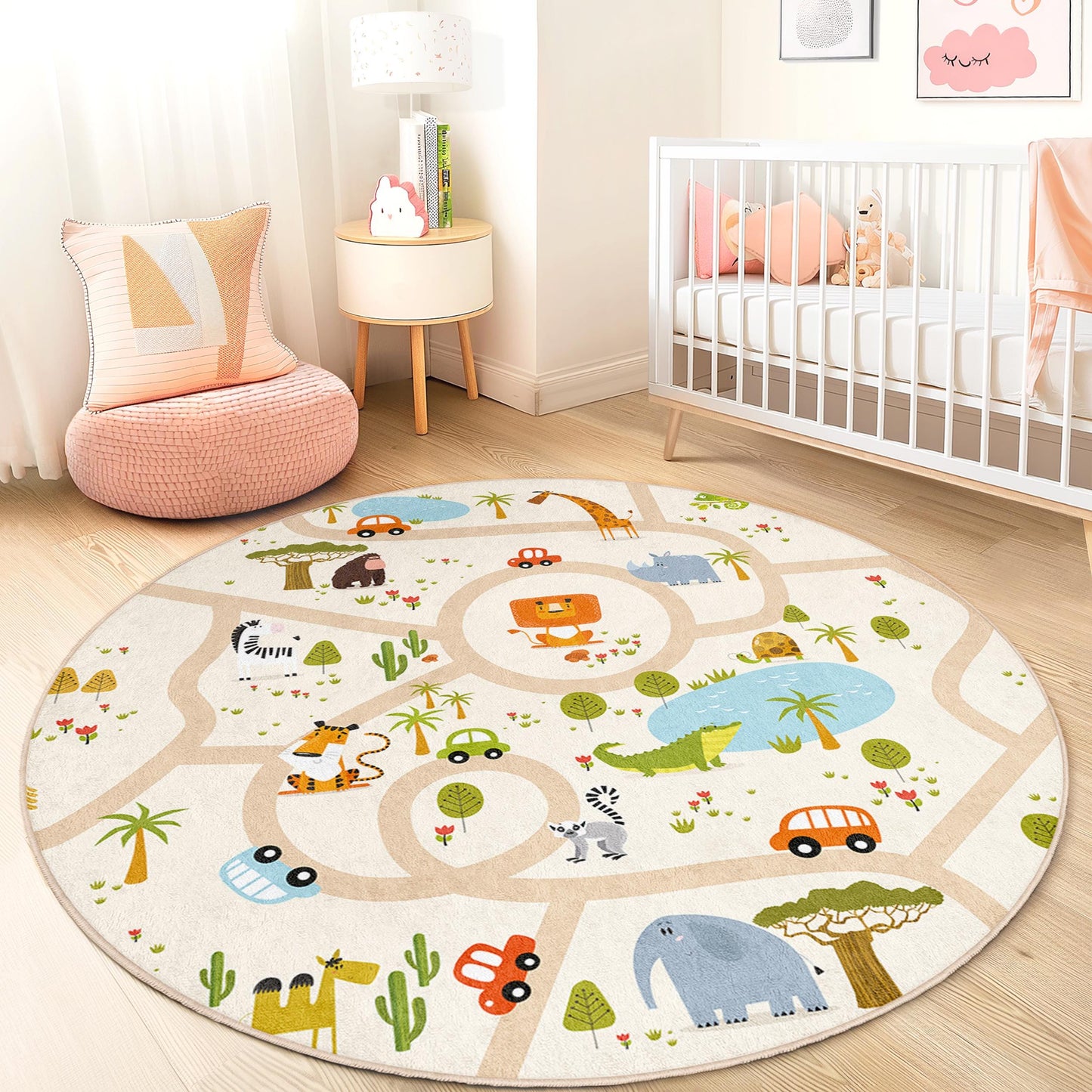 Runder Kinderteppich mit Tiermotiven, verspielter Dschungelkarten-Teppich, weicher Kinderzimmerteppich, niedliche Kinderzimmerdekoration, interaktive Spielmatte