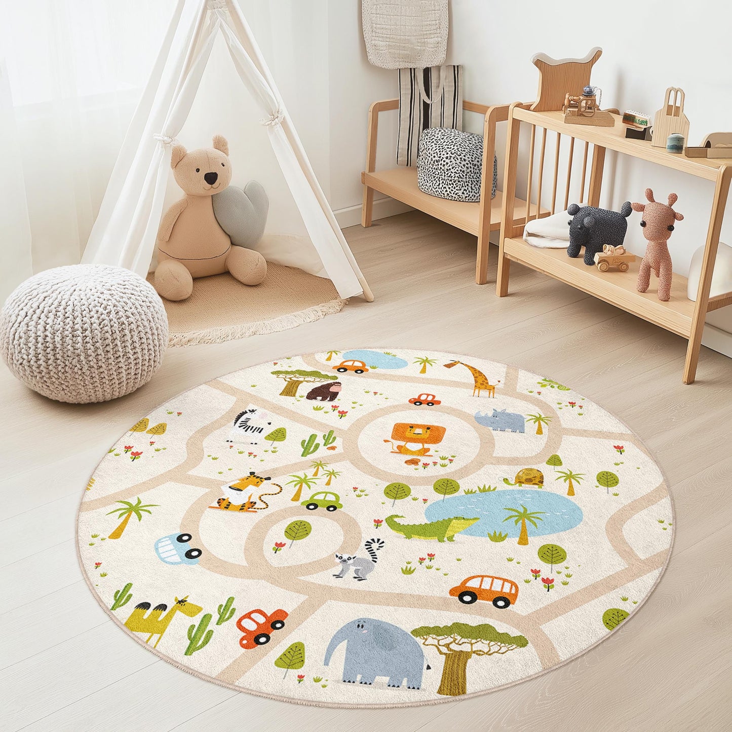 Animal Adventure Kids Round Rug, Playful Jungle Road Map Rug, Soft Nursery Area Rug, Cute Kids Room Decor, Interactive Play Mat