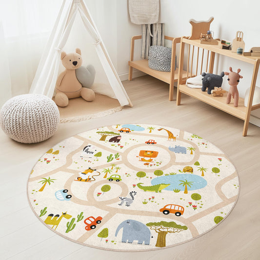 Animal Adventure Kids Round Rug, Playful Jungle Road Map Rug, Soft Nursery Area Rug, Cute Kids Room Decor, Interactive Play Mat