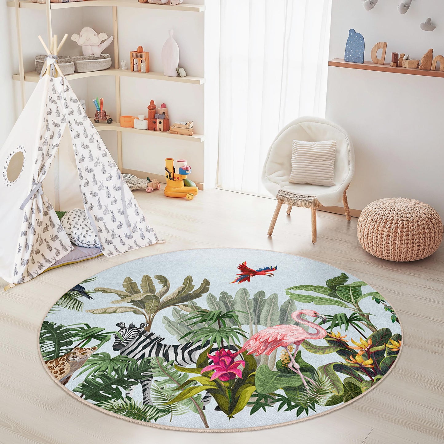 Runder Kinderteppich „Tropisches Paradies“, Dschungeltier-Spielmatte, Flamingo-Dekor, Naturinspirierter runder Teppich, Bodenbelag für Kinderzimmer