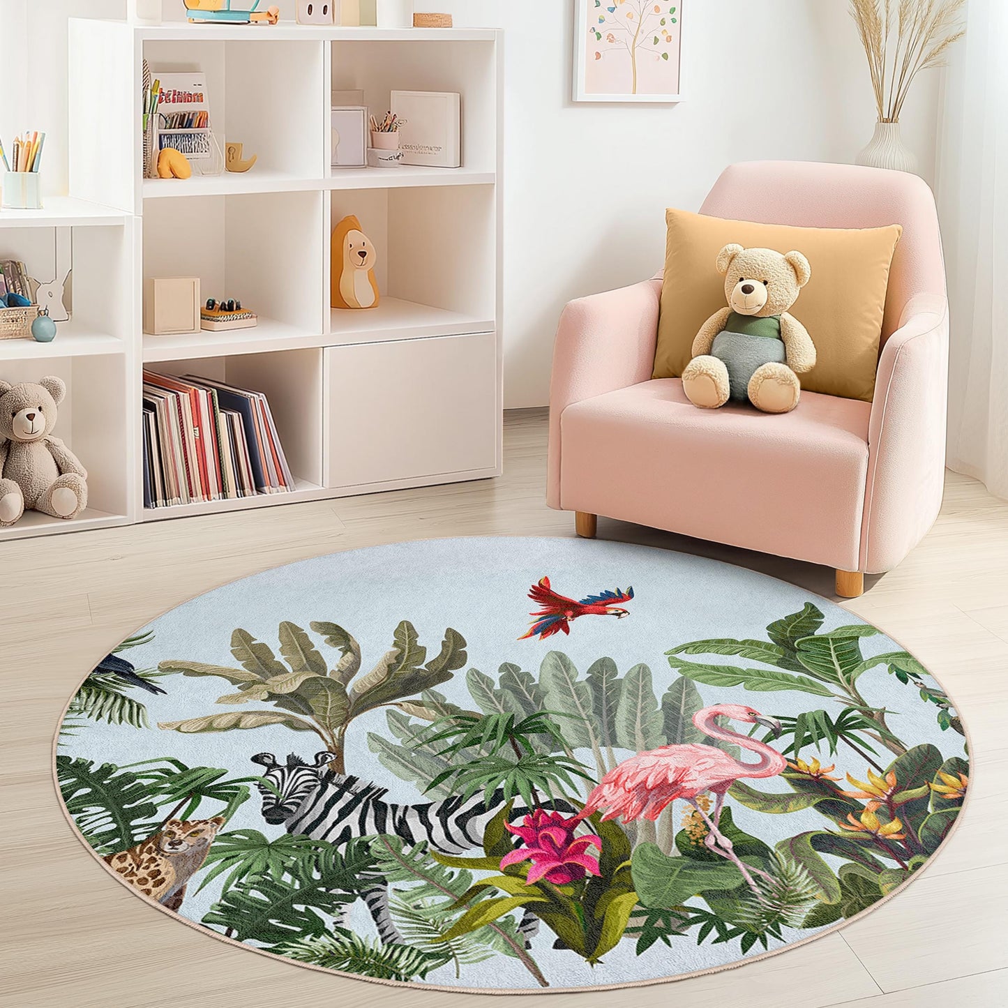 Runder Kinderteppich „Tropisches Paradies“, Dschungeltier-Spielmatte, Flamingo-Dekor, Naturinspirierter runder Teppich, Bodenbelag für Kinderzimmer