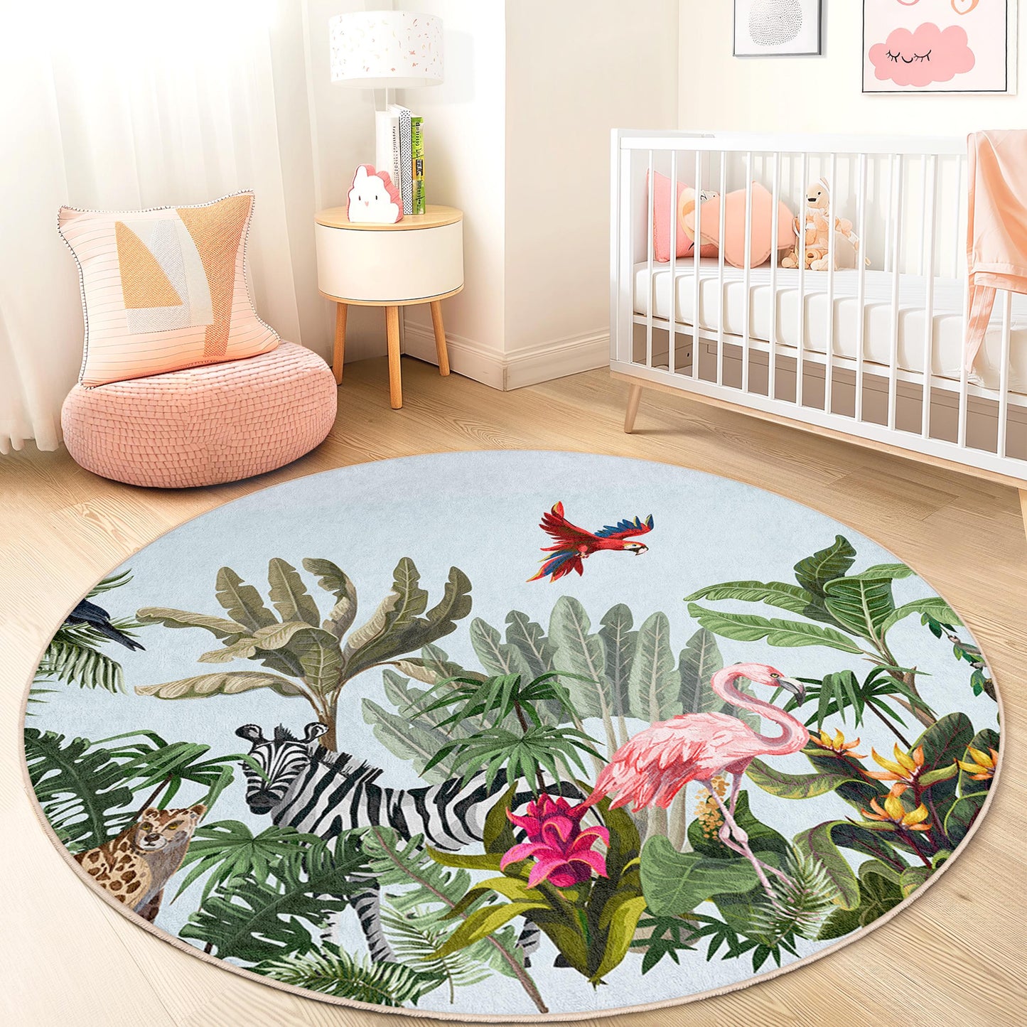 Tropical Paradise Round Kids Rug, Jungle Animal Play Mat, Flamingo Decor, Nature Inspired Round Rug, Kids Room Flooring