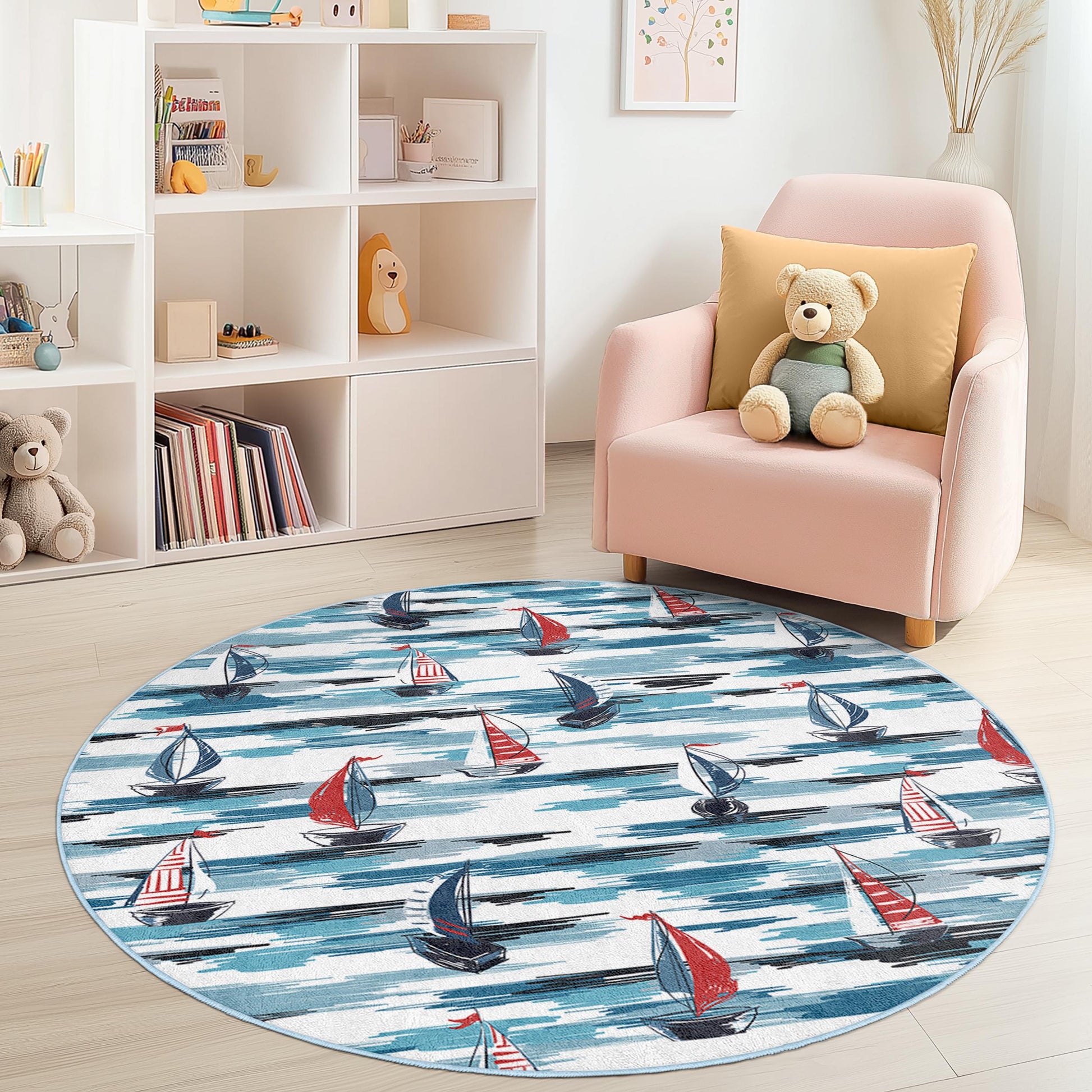 Nautical Sailboat Round Area Rug, Kids Room Decor, Ocean Theme Play Mat, Sea Adventure Rug, Round Carpet for Children