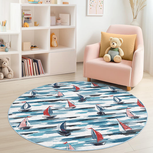 Nautical Sailboat Round Area Rug, Kids Room Decor, Ocean Theme Play Mat, Sea Adventure Rug, Round Carpet for Children