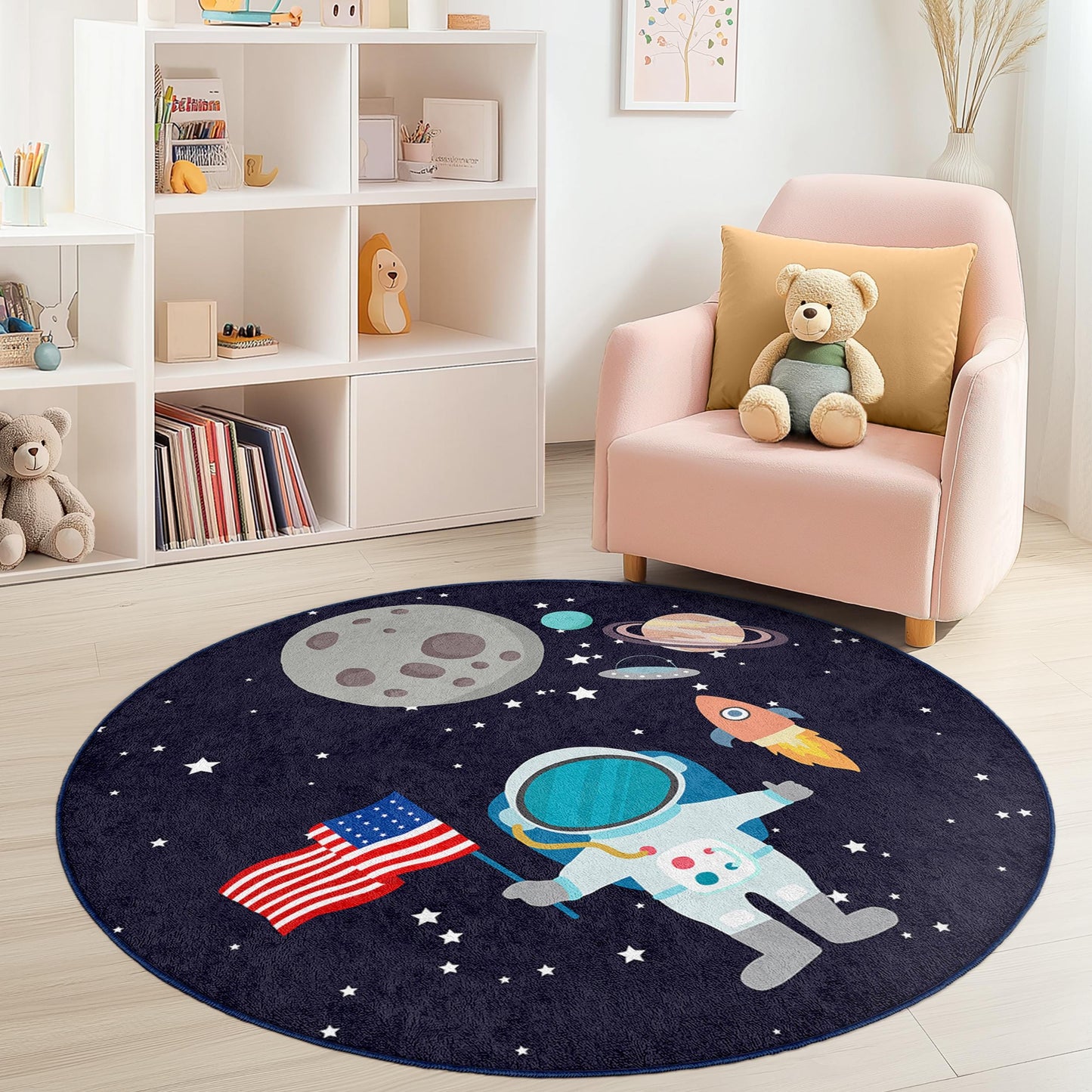 Runder Kinderteppich mit Astronauten-Weltraum-Motiv, Weltraumteppich, Galaxie-Deko fürs Kinderzimmer, Spielzimmerteppich, lustiger Planetenteppich