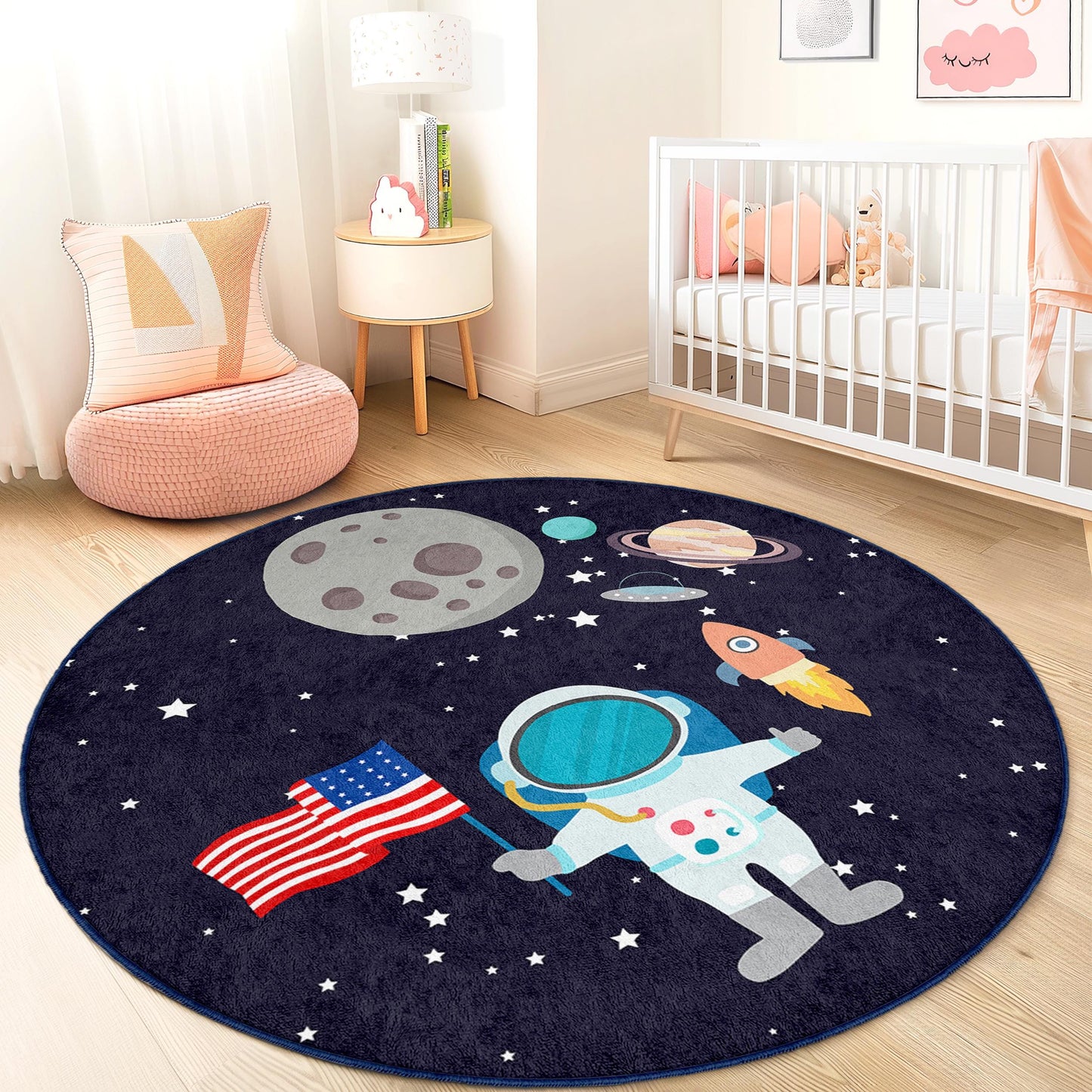 Runder Kinderteppich mit Astronauten-Weltraum-Motiv, Weltraumteppich, Galaxie-Deko fürs Kinderzimmer, Spielzimmerteppich, lustiger Planetenteppich