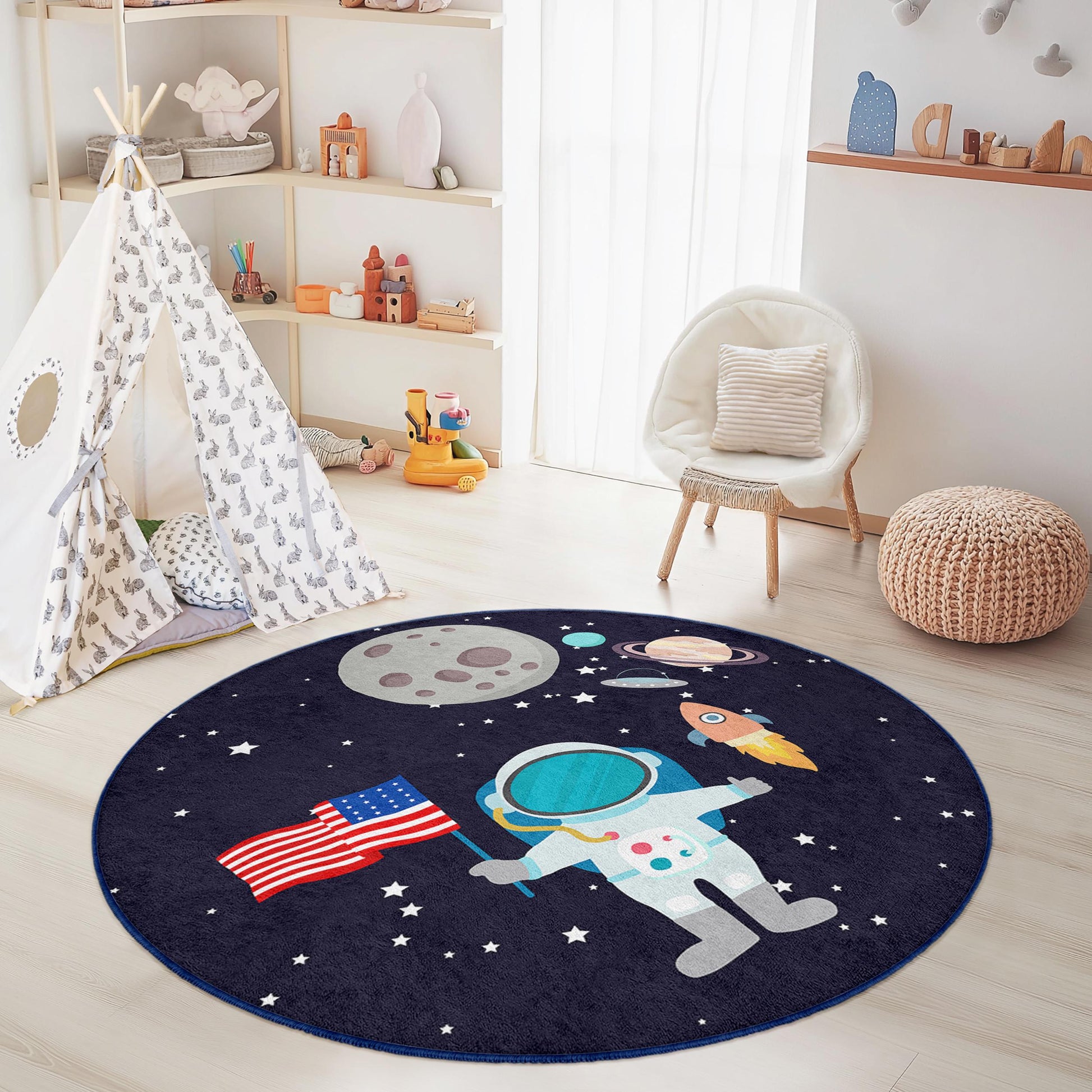 Astronaut Space Adventure Round Kids Rug, Outer Space Themed Rug, Galaxy Decor for Kids Room, Playroom Rug, Fun Planet Carpet