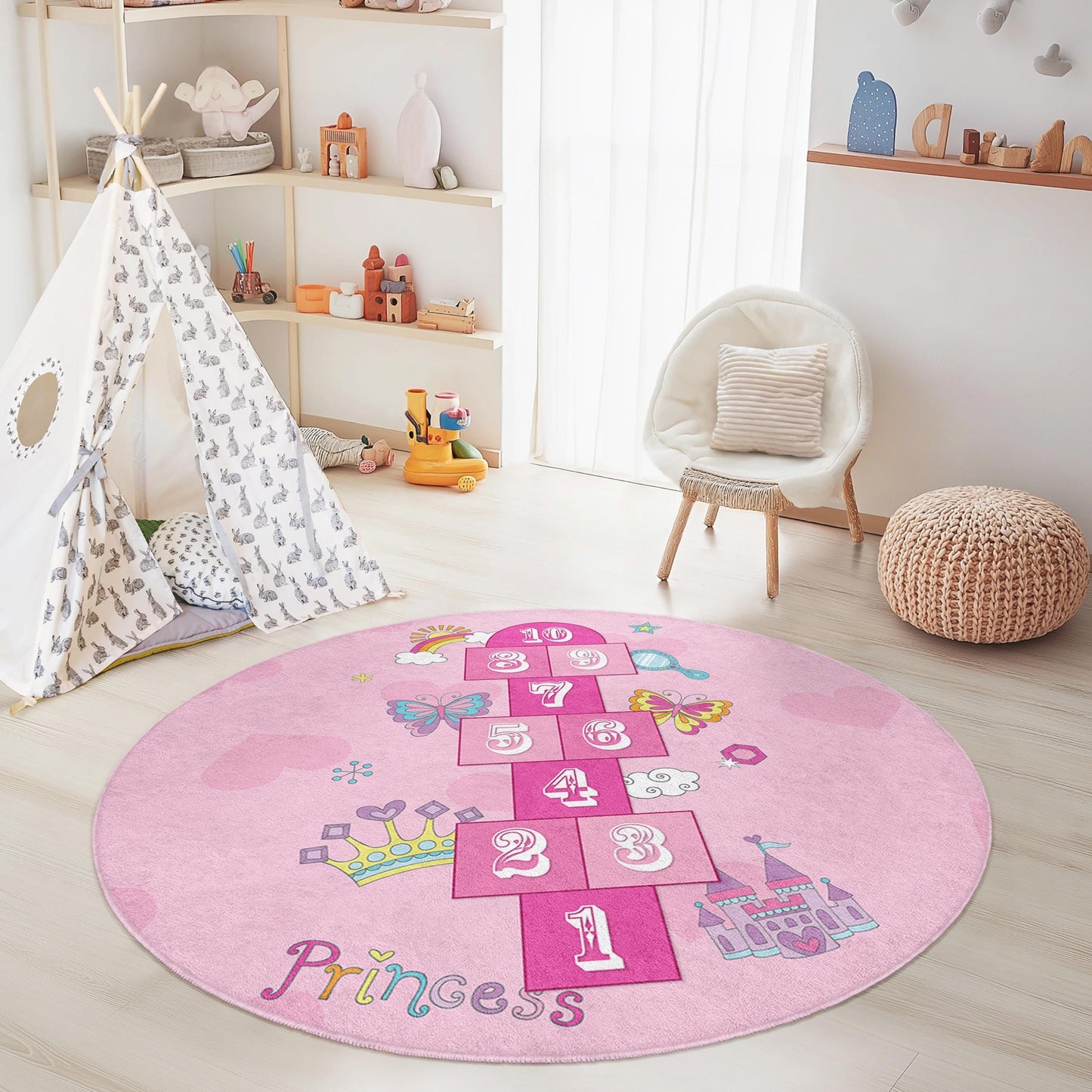Prinzessinnen-Hüpfspiel-Spielteppich, rund, rosa Kinderteppich, Mädchenzimmer-Deko, interaktive Hüpfspielmatte, weicher Kinderzimmerteppich, Spielzimmerteppich