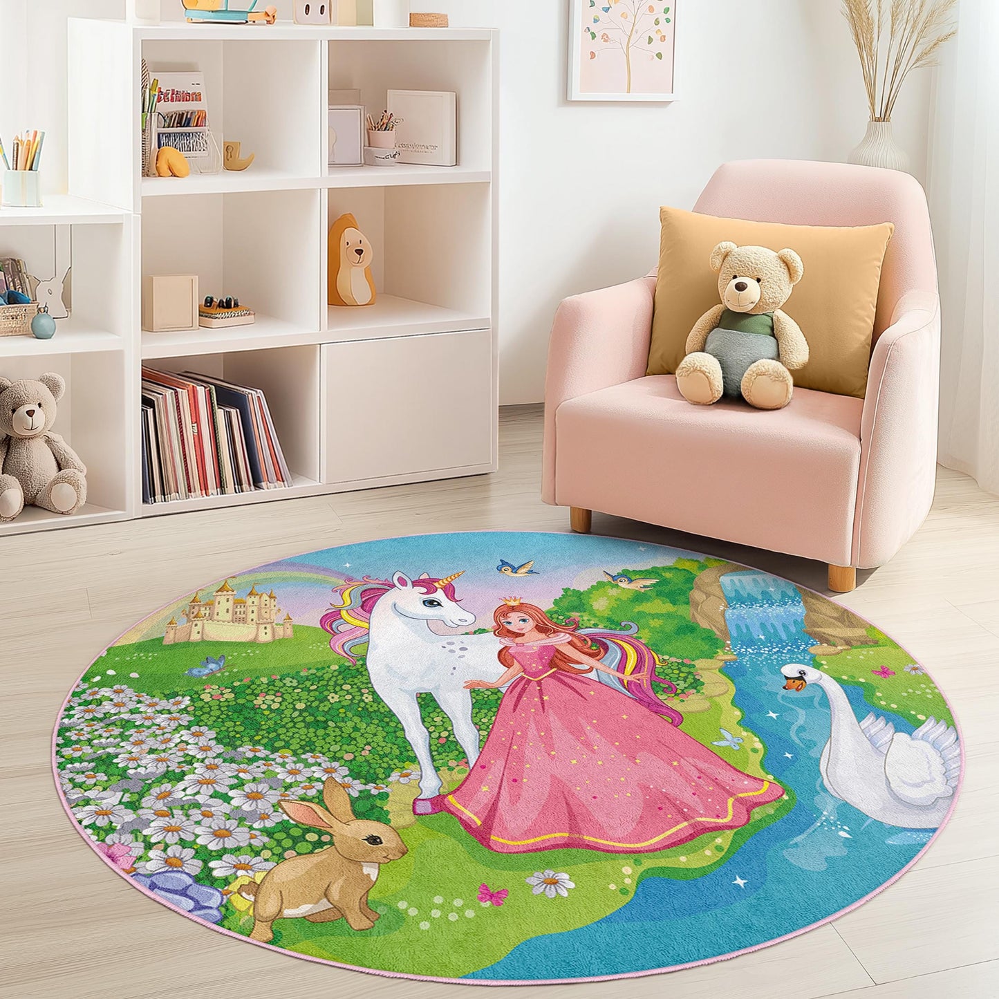 Runder Spielteppich mit magischem Einhornmotiv für Kinder, Prinzessinnen-Kinderzimmerteppich, Märchenteppich, Spielzimmerdeko, Kinderzimmerteppich