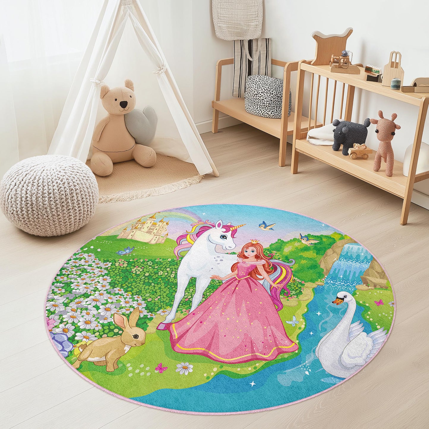 Runder Spielteppich mit magischem Einhornmotiv für Kinder, Prinzessinnen-Kinderzimmerteppich, Märchenteppich, Spielzimmerdeko, Kinderzimmerteppich
