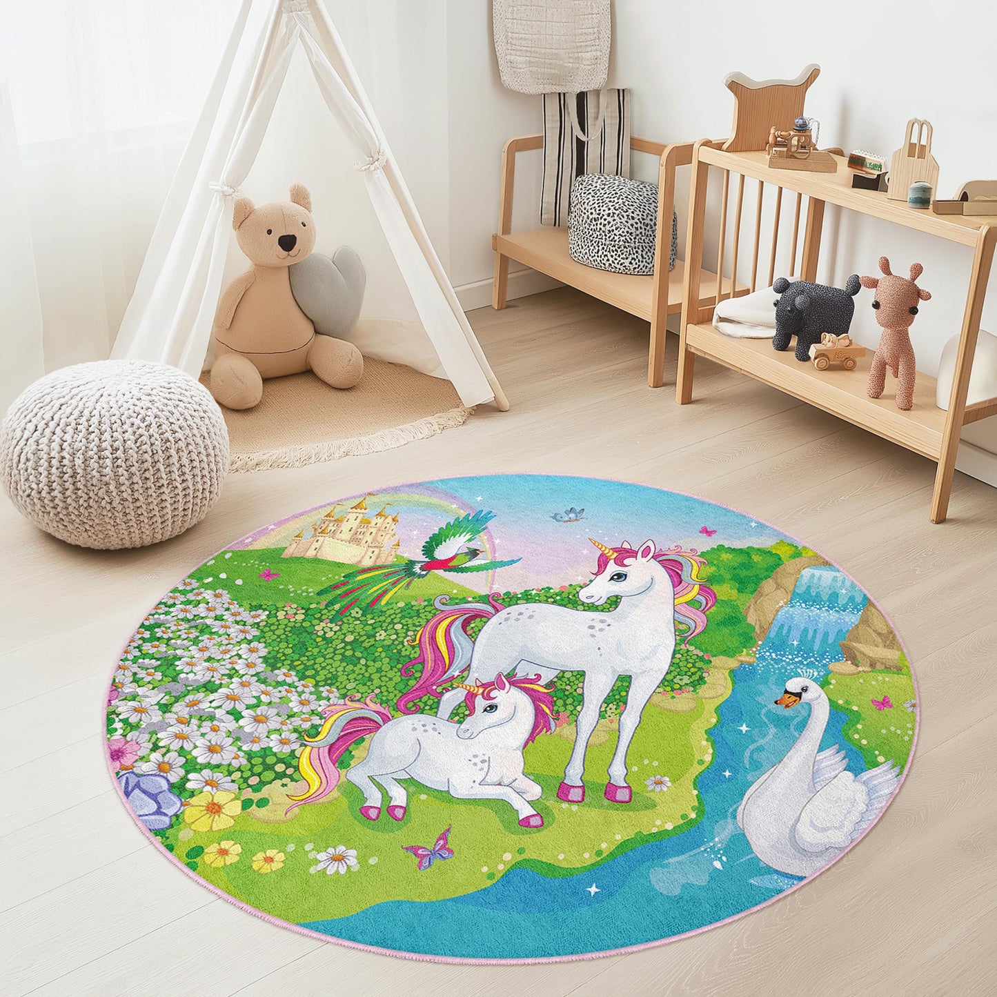 Runder Zauber-Einhorn-Teppich, Zauberwald-Kinderteppich, Einhorn-Spielmatte, Märchenteppich, Kinderzimmerdeko