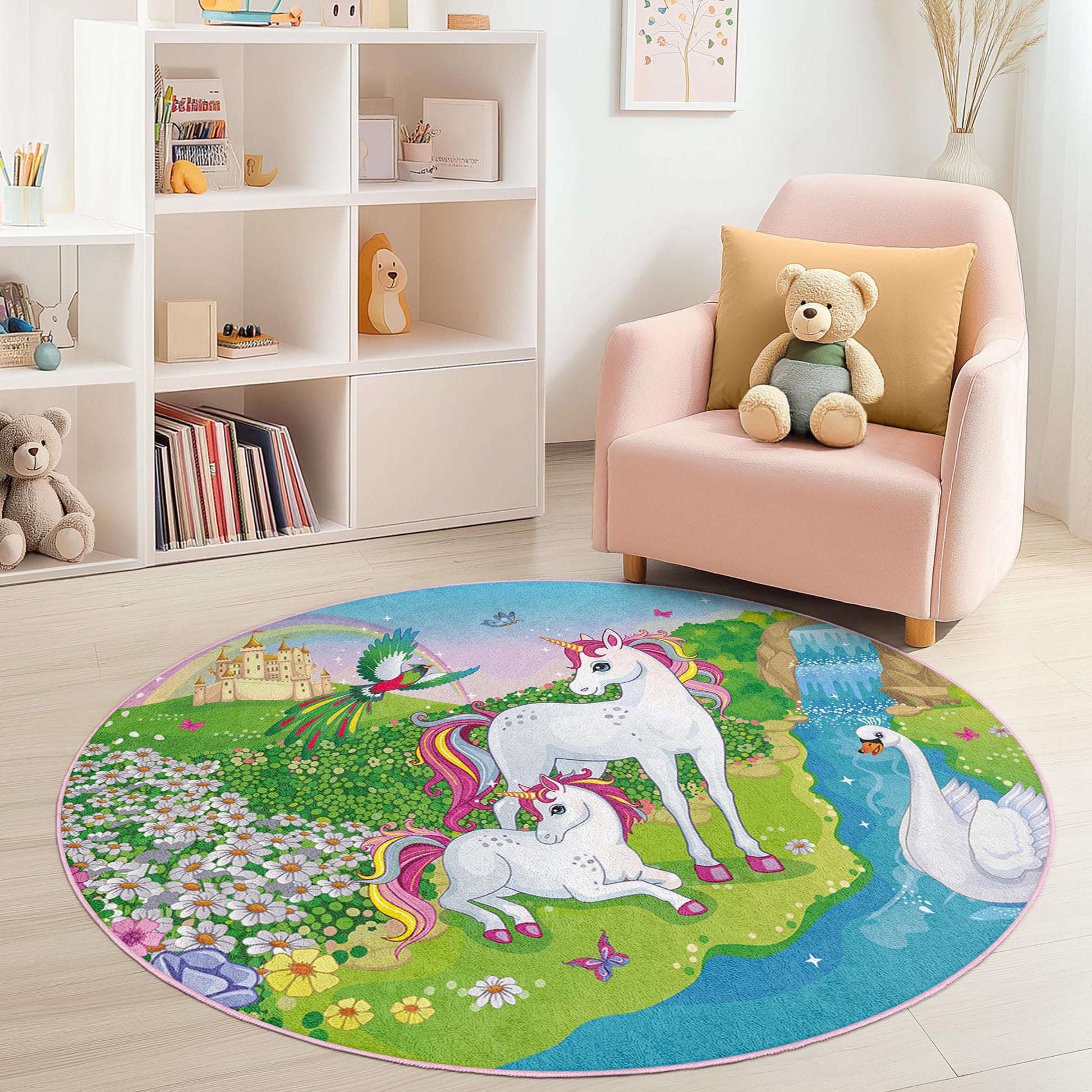 Magical Unicorn Round Rug, Enchanted Forest Kids Rug, Unicorn Play Mat, Fairy Tale Carpet, Nursery Decor