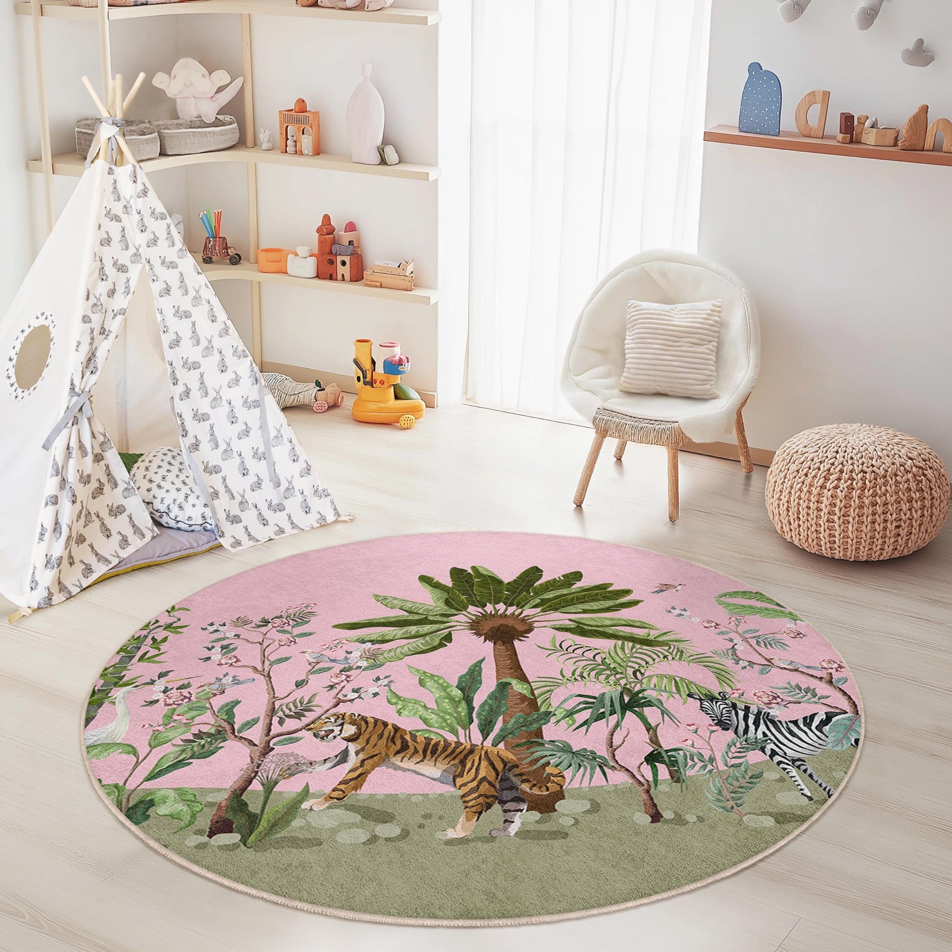 Tropical Jungle Round Kids Rug, Safari Animal Rug, Pink Jungle Carpet, Kids Room Decor, Playroom Rug, Nature Themed Rug