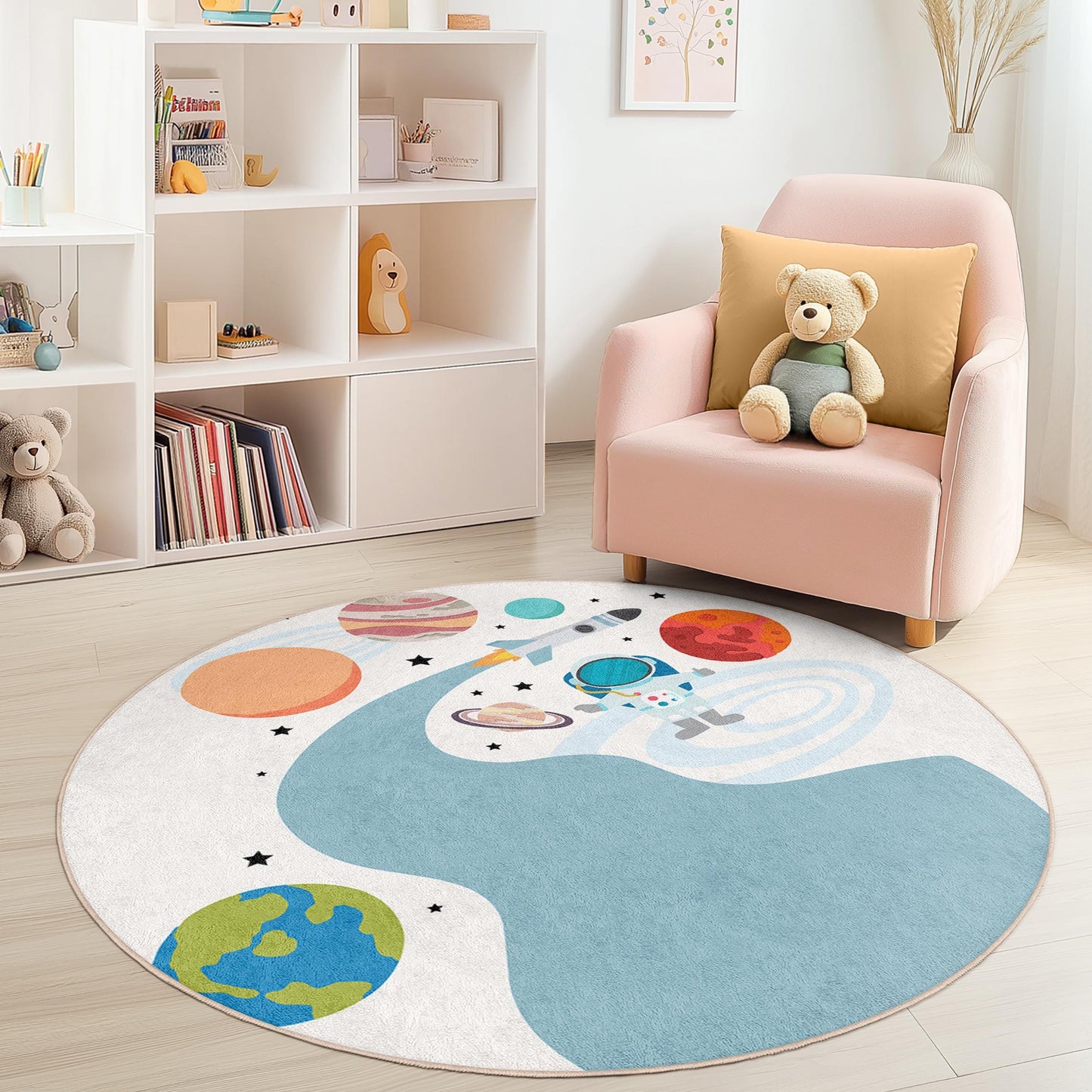Runder Spielteppich mit Weltraum-Motiv, Astronauten-Teppich fürs Kinderzimmer, Spielmatte mit Galaxie-Motiv, bunter Kinderteppich