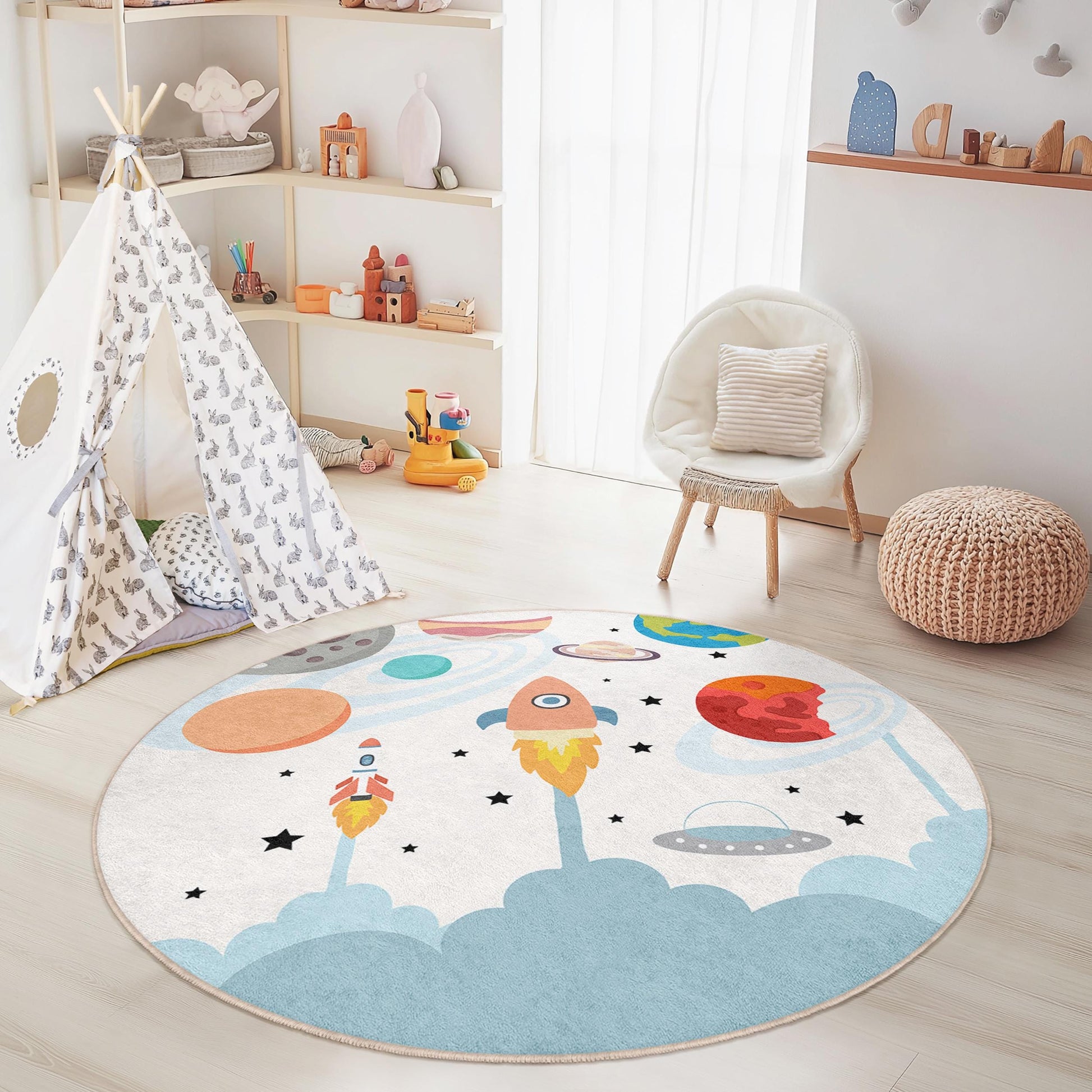 Rocket Adventure Round Kids Play Rug, Space Themed Carpet, Colorful Nursery Decor, Fun Playroom Rug, Toddler Room Accent