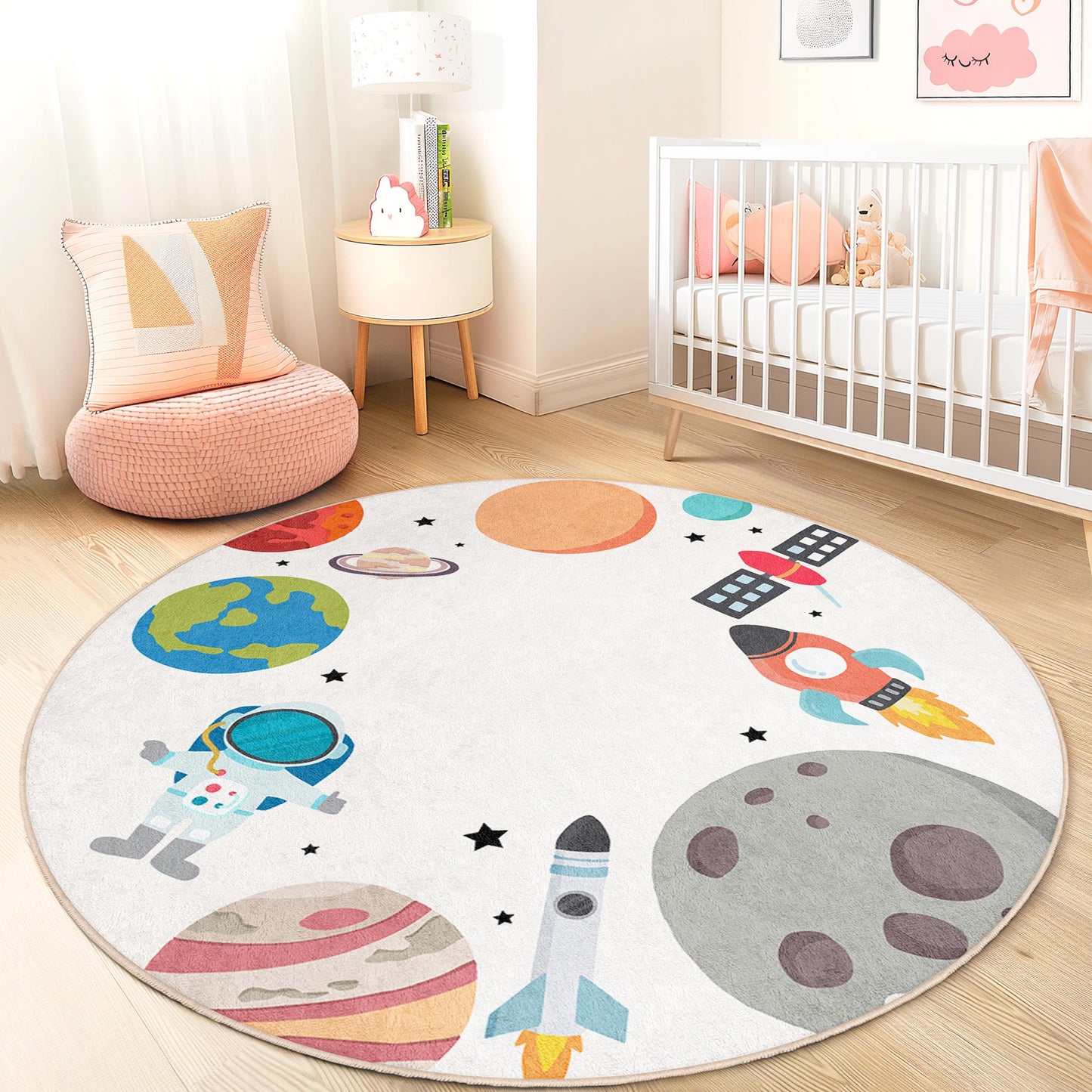 Runder Spielteppich „Kosmisches Abenteuer“ für Kinder, Weltraumteppich, Astronauten- und Planetenteppich, Spielzimmerdekoration, Babymatte