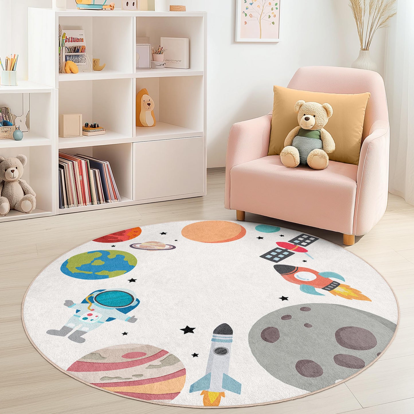 Runder Spielteppich „Kosmisches Abenteuer“ für Kinder, Weltraumteppich, Astronauten- und Planetenteppich, Spielzimmerdekoration, Babymatte