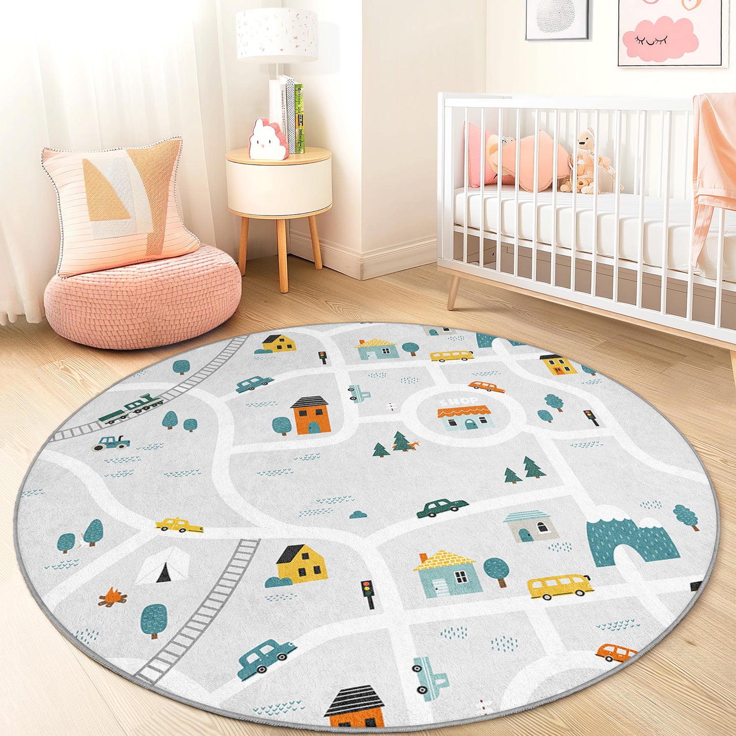 Runder Kinderteppich mit verspieltem Straßenkartenmotiv, interaktive Spielmatte fürs Kinderzimmer, weiche Kinderzimmerdekoration, Spielzimmerteppich
