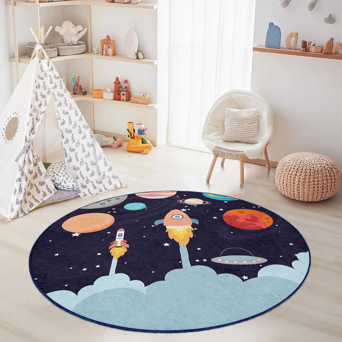 Runder Spielteppich „Raketenabenteuer“ für Kinder, Weltraum-Spielmatte, Weltraum-Deko, Kinderzimmerteppich, Galaxie-Kinderzimmerteppich