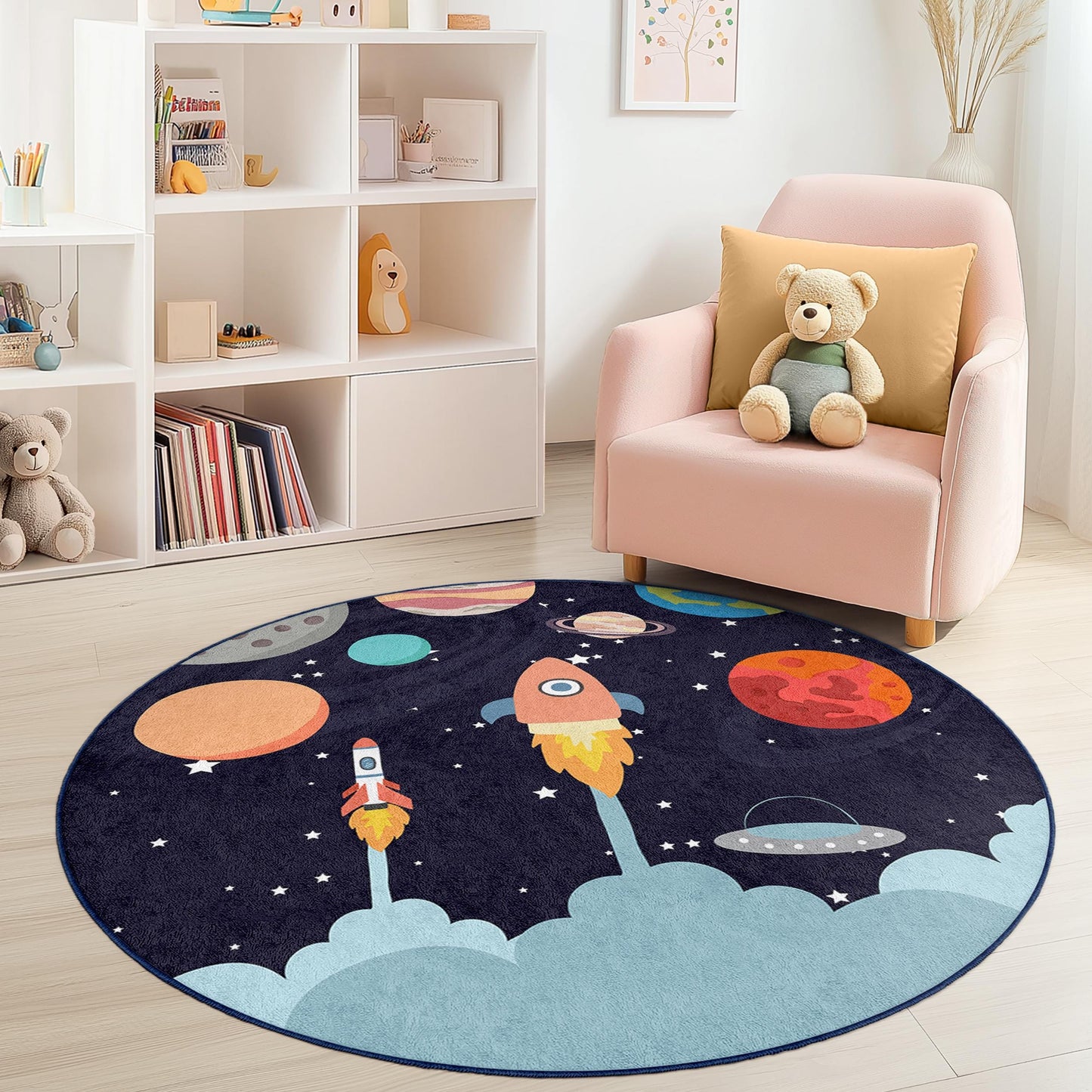 Runder Spielteppich „Raketenabenteuer“ für Kinder, Weltraum-Spielmatte, Weltraum-Deko, Kinderzimmerteppich, Galaxie-Kinderzimmerteppich