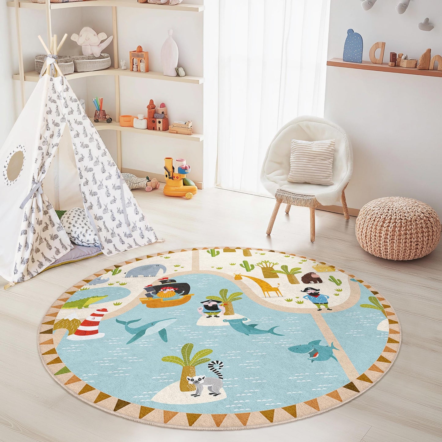 Piratenabenteuer-Runder Kinderteppich, verspielter Karten-Kinderteppich, Kinderzimmerdeko, weiche Spielmatte fürs Kinderzimmer, lustiges Tiermotiv