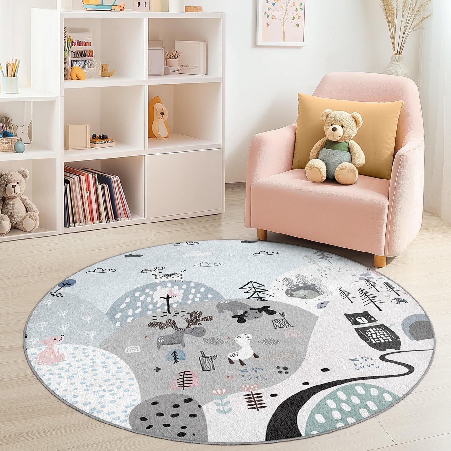 Runder Kinderteppich mit Waldmotiv, Tiermotiv-Kinderzimmerteppich, Spielzimmerdeko, weicher runder Teppich für Kinder, gemütliche Kinderzimmermatte