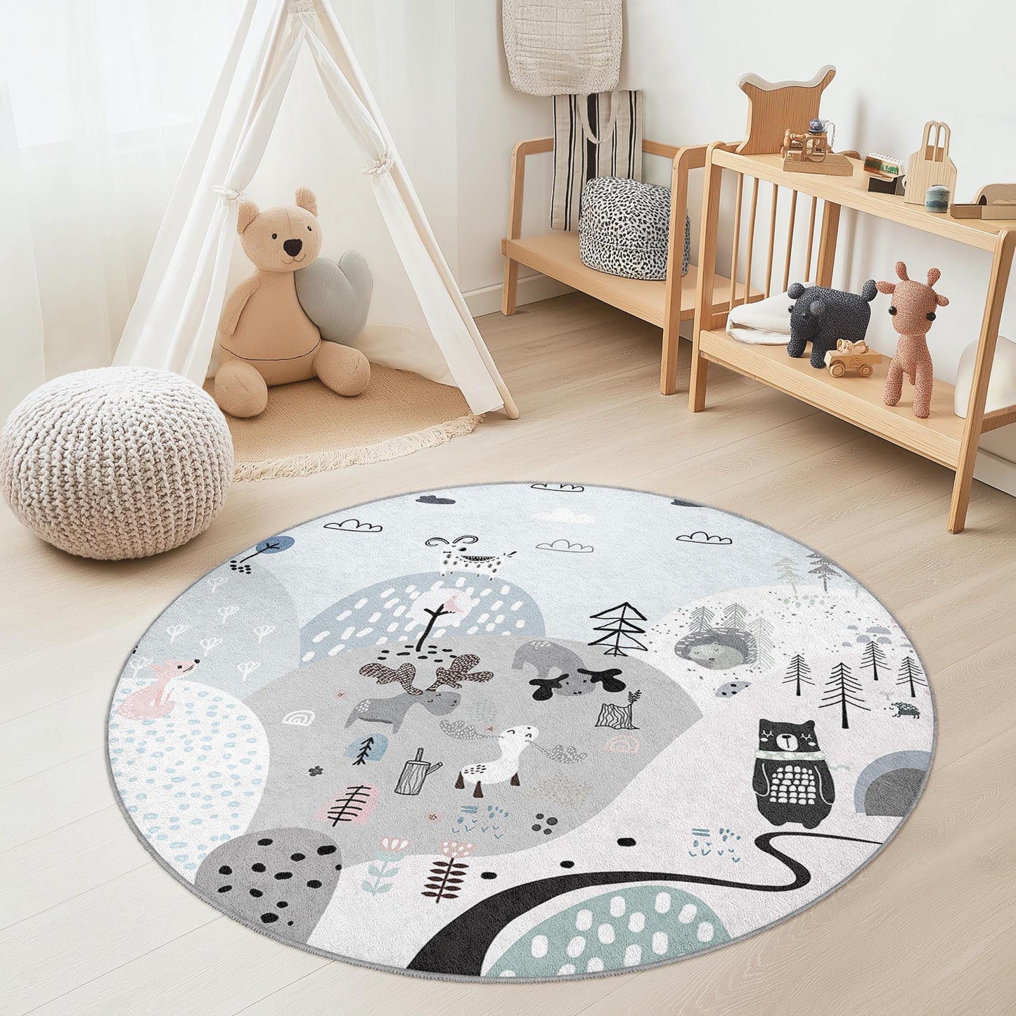 Runder Kinderteppich mit Waldmotiv, Tiermotiv-Kinderzimmerteppich, Spielzimmerdeko, weicher runder Teppich für Kinder, gemütliche Kinderzimmermatte