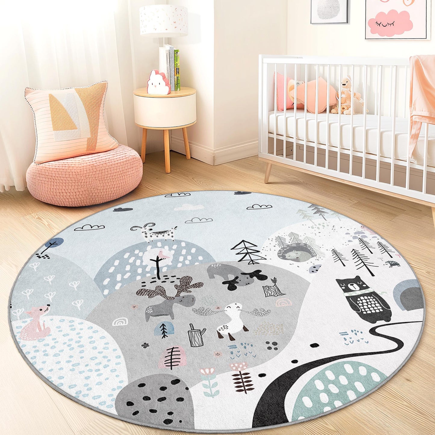 Runder Kinderteppich mit Waldmotiv, Tiermotiv-Kinderzimmerteppich, Spielzimmerdeko, weicher runder Teppich für Kinder, gemütliche Kinderzimmermatte