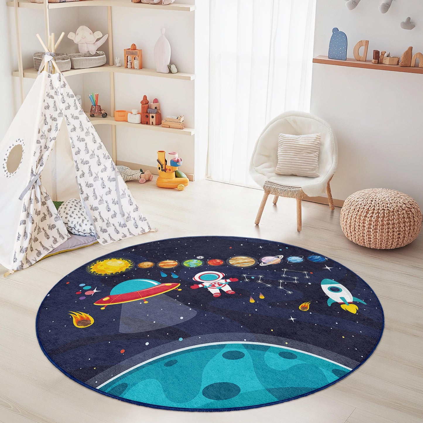 Runder Kinderteppich „Weltraumabenteuer“, Spielmatte mit Astronauten und Planeten, weicher Teppich im Galaxie-Design für Kinderzimmer, Kinderzimmerdekoration