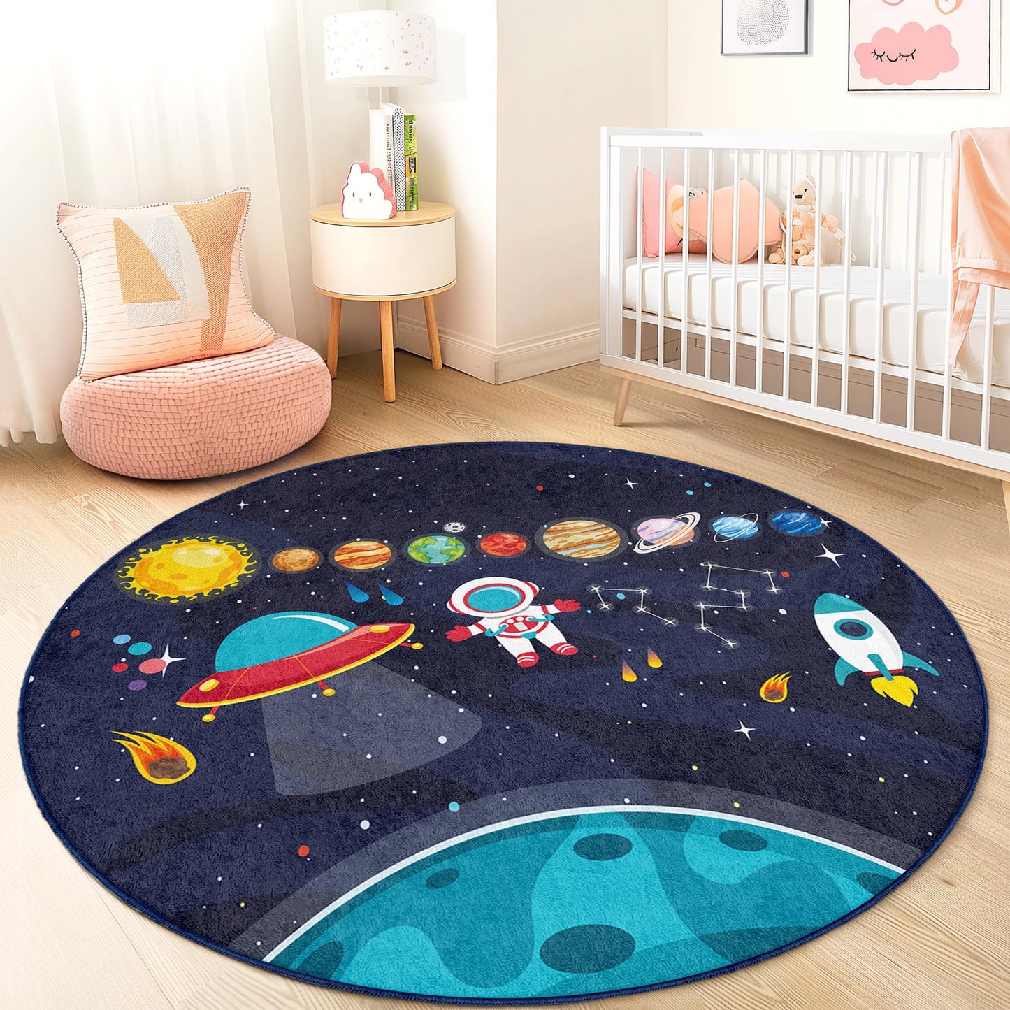 Space Adventure Round Kids Rug, Astronaut and Planets Play Mat, Galaxy Themed Soft Carpet for Kids Room, Nursery Decor