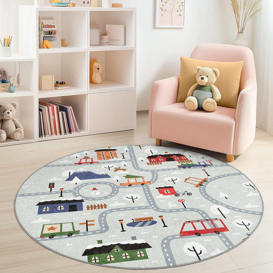 Round Road Map Kids Rug, Colorful Play Mat for Children, Soft Nursery Decor, Interactive Play Mat for Playroom
