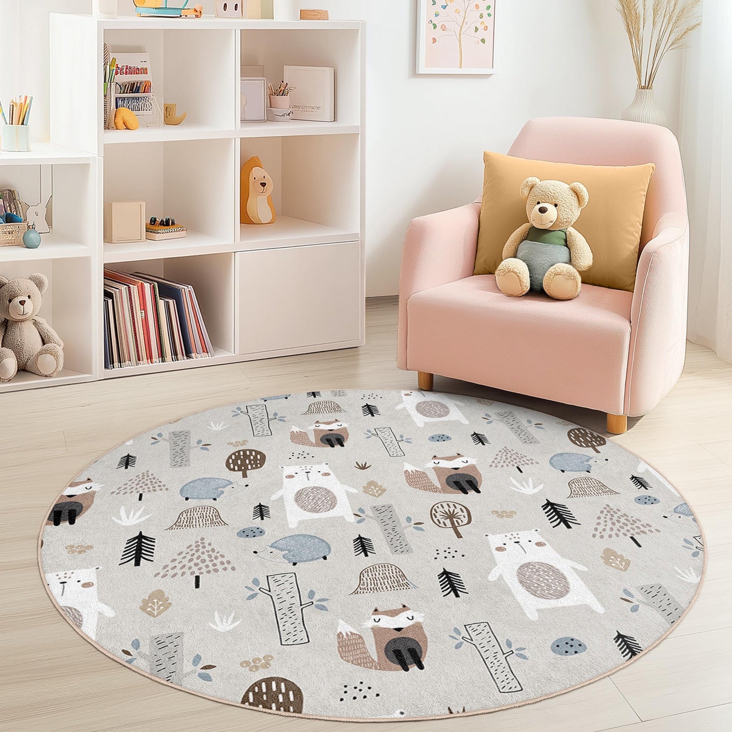 Runder Kinderteppich mit verspielten Waldtieren, niedliches Bären- und Igelmotiv, Kinderzimmerteppich, weiche Spielmatte, Babyzimmerteppich