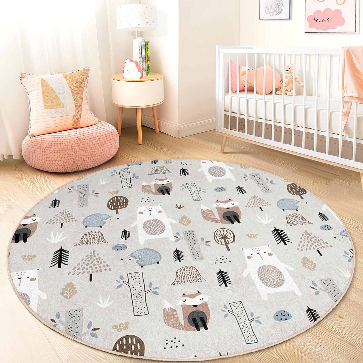 Runder Kinderteppich mit verspielten Waldtieren, niedliches Bären- und Igelmotiv, Kinderzimmerteppich, weiche Spielmatte, Babyzimmerteppich