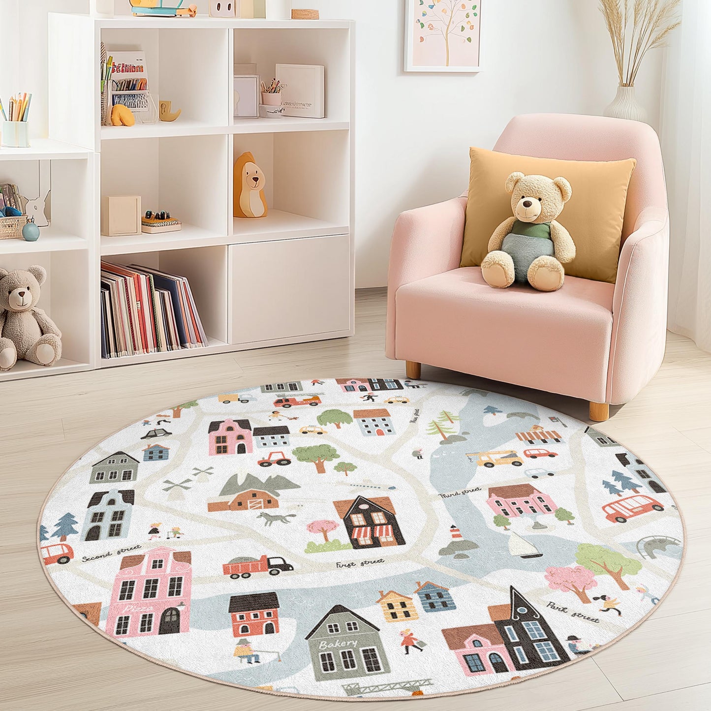Runder Kinderteppich mit charmantem Dorfstraßenkartenmotiv, verspieltes Stadtdesign, weiche Spielmatte für Kinderzimmer und Babyzimmer