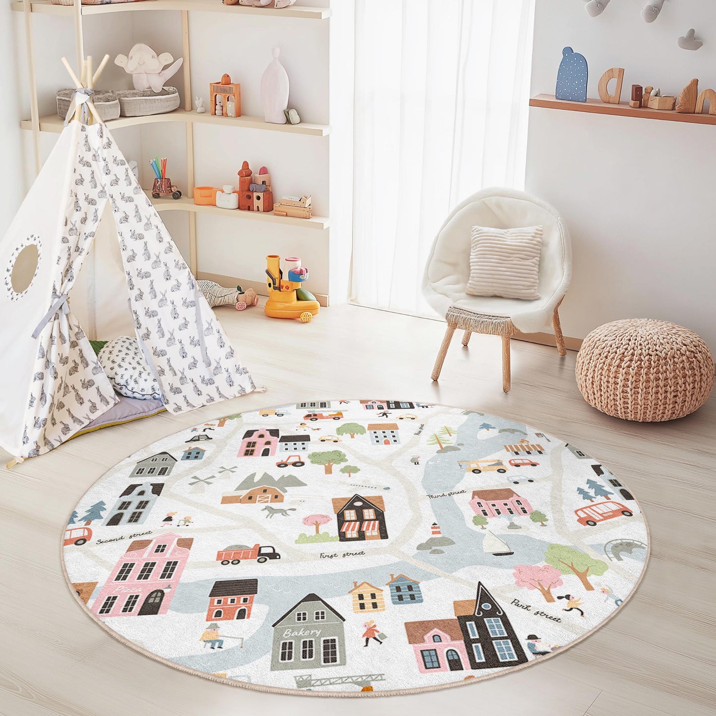 Runder Kinderteppich mit charmantem Dorfstraßenkartenmotiv, verspieltes Stadtdesign, weiche Spielmatte für Kinderzimmer und Babyzimmer