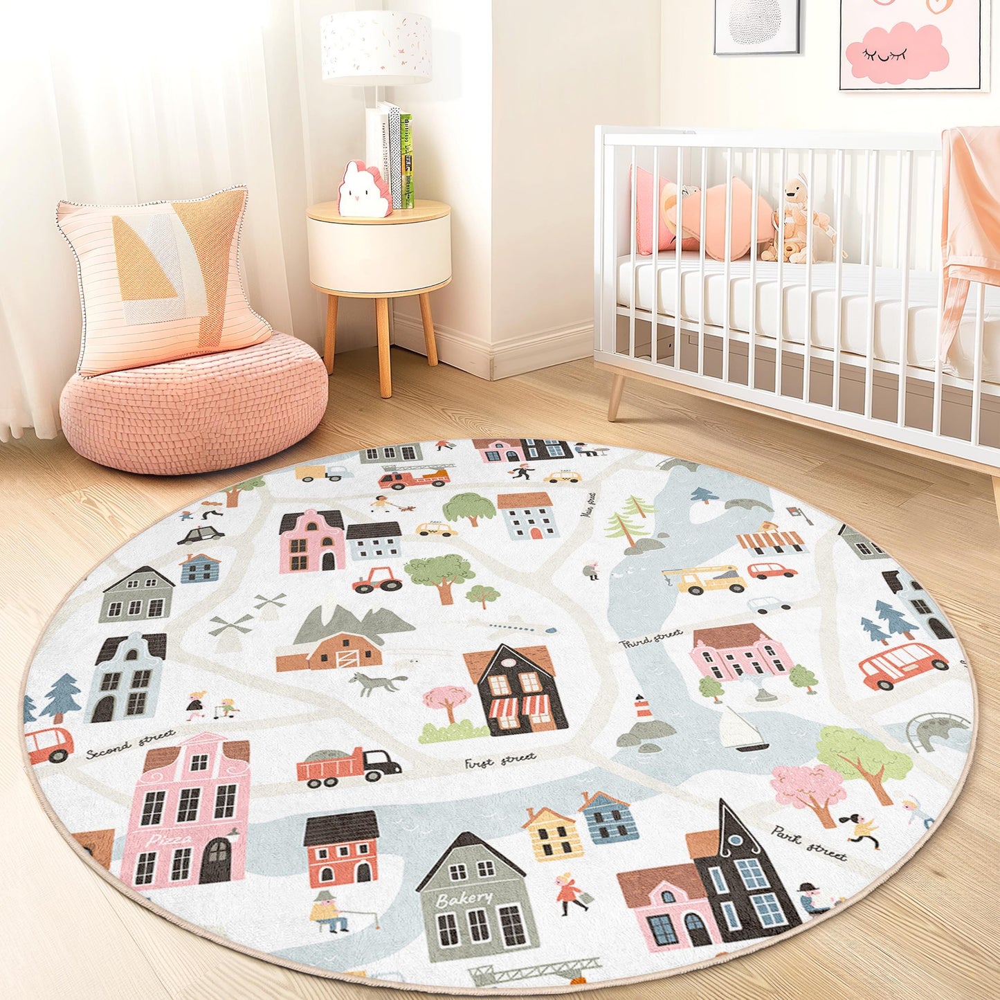 Runder Kinderteppich mit charmantem Dorfstraßenkartenmotiv, verspieltes Stadtdesign, weiche Spielmatte für Kinderzimmer und Babyzimmer