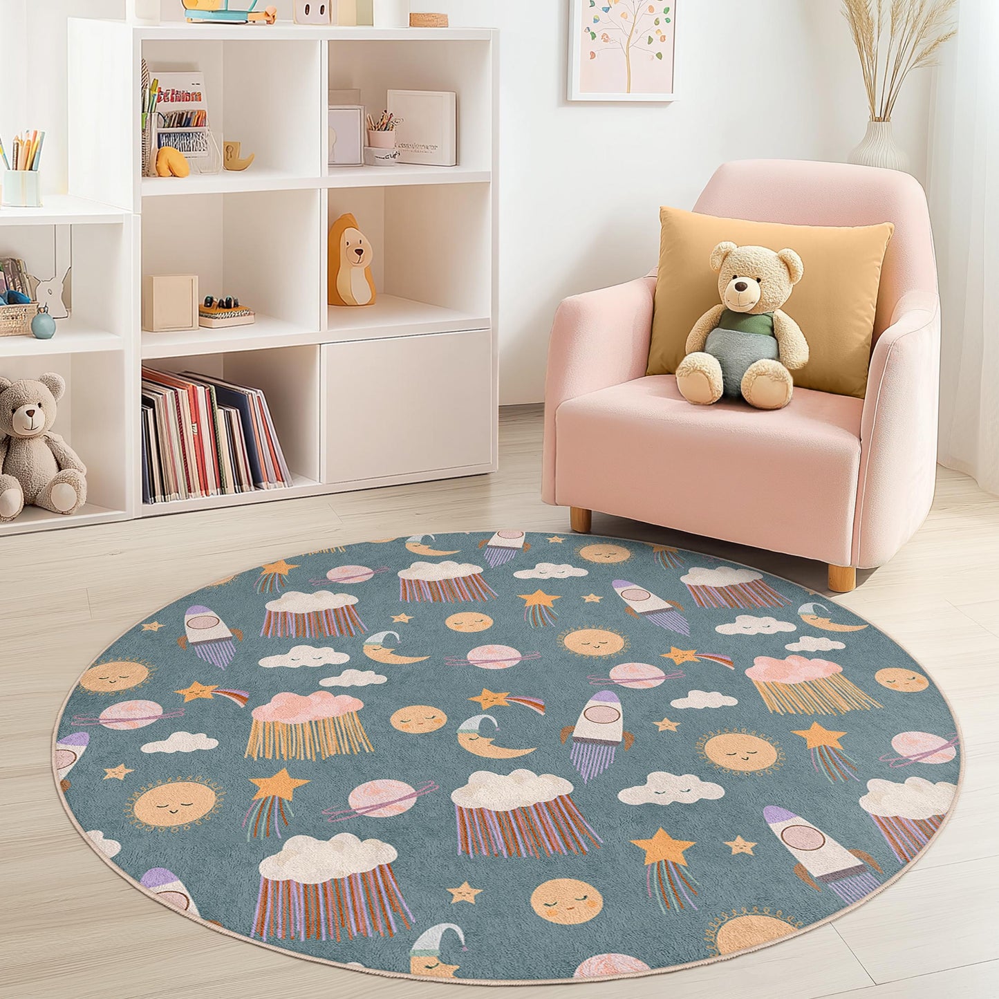 Verspielter runder Weltraum-Kinderteppich, Raketen- und Sternen-Kinderzimmerteppich, Spielzimmerdekoration, weiche Spielmatte für Kinder