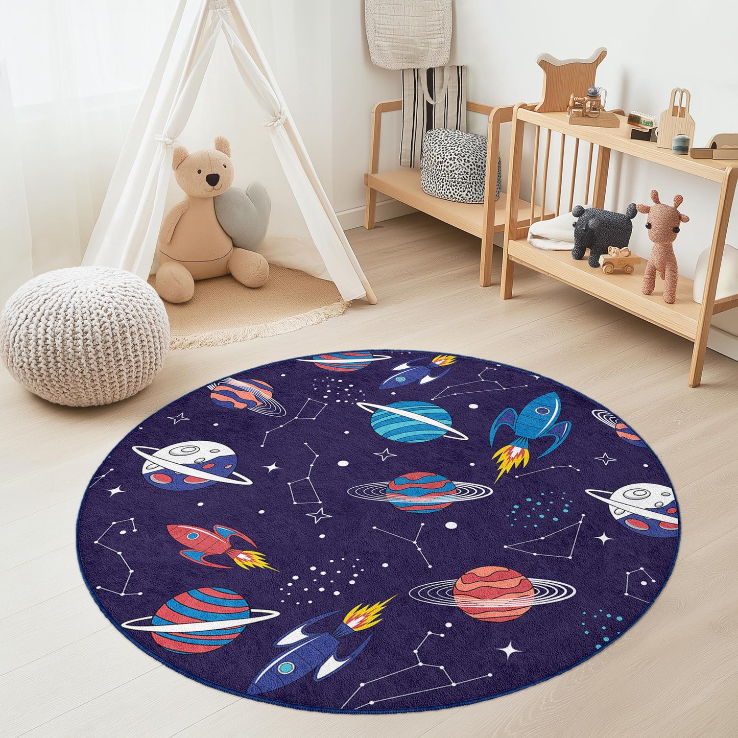 Runder Spielteppich „Weltraumabenteuer“ für Kinder, Raketen- und Planetenmotiv, Kosmische Spielmatte fürs Kinderzimmer, Astronauten-Deko
