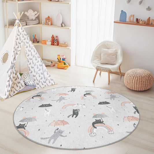 Cute Cat Pattern Round Kids Rug, Adorable Animal Play Mat, Colorful Kids Room Decor, Soft Nursery Rug, Fun Cat Themed Area Rug
